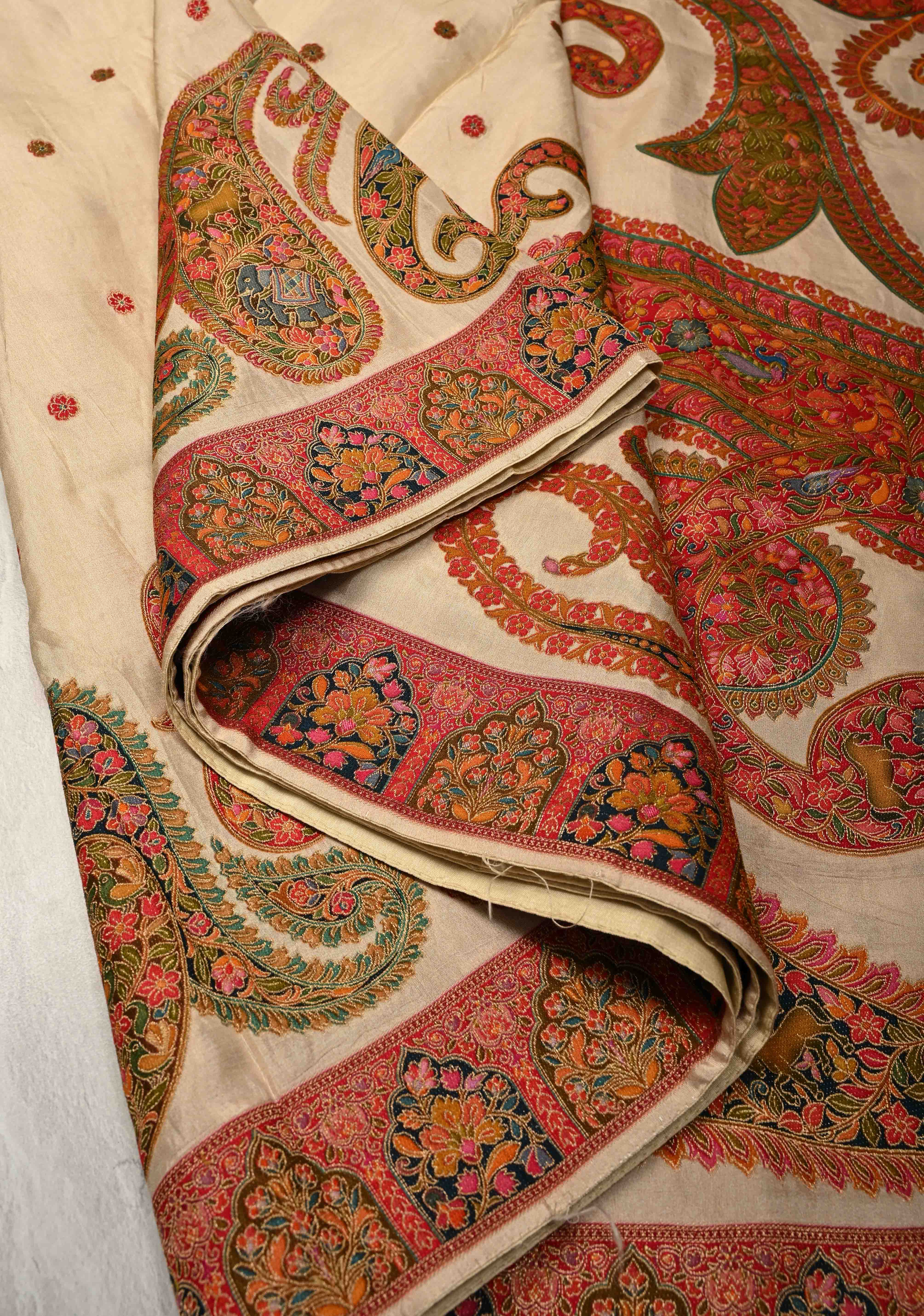 Cream Vegan Viscose Silk Saree with Meenakari Kashmiri Style Kani Design and Border | Shobitam