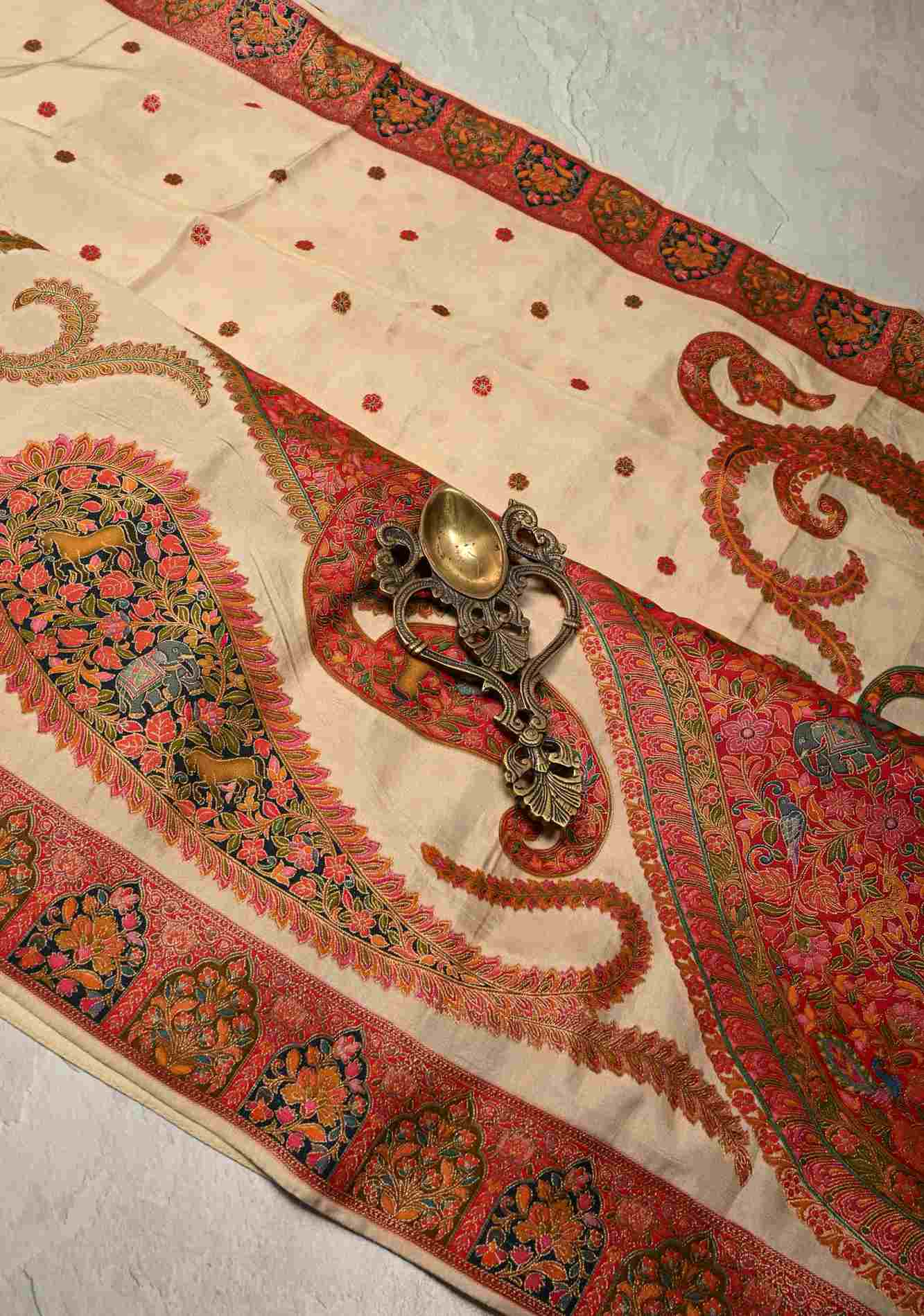 Cream Vegan Viscose Silk ready to wear Saree with Meenakari Kashmiri Style Kani Design and Border Ready to Wear Saree