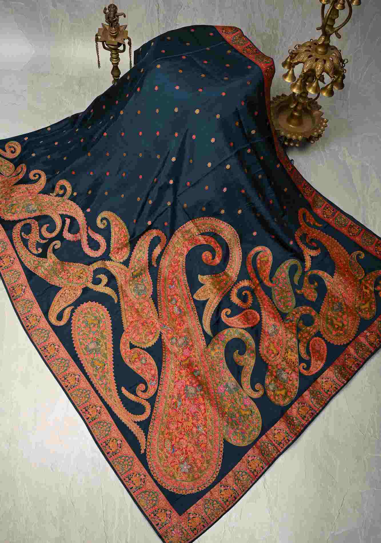 Persian Blue Vegan Viscose Silk stitched Saree with Kashmiri Weave Kani Design and Border Ready to Wear Saree