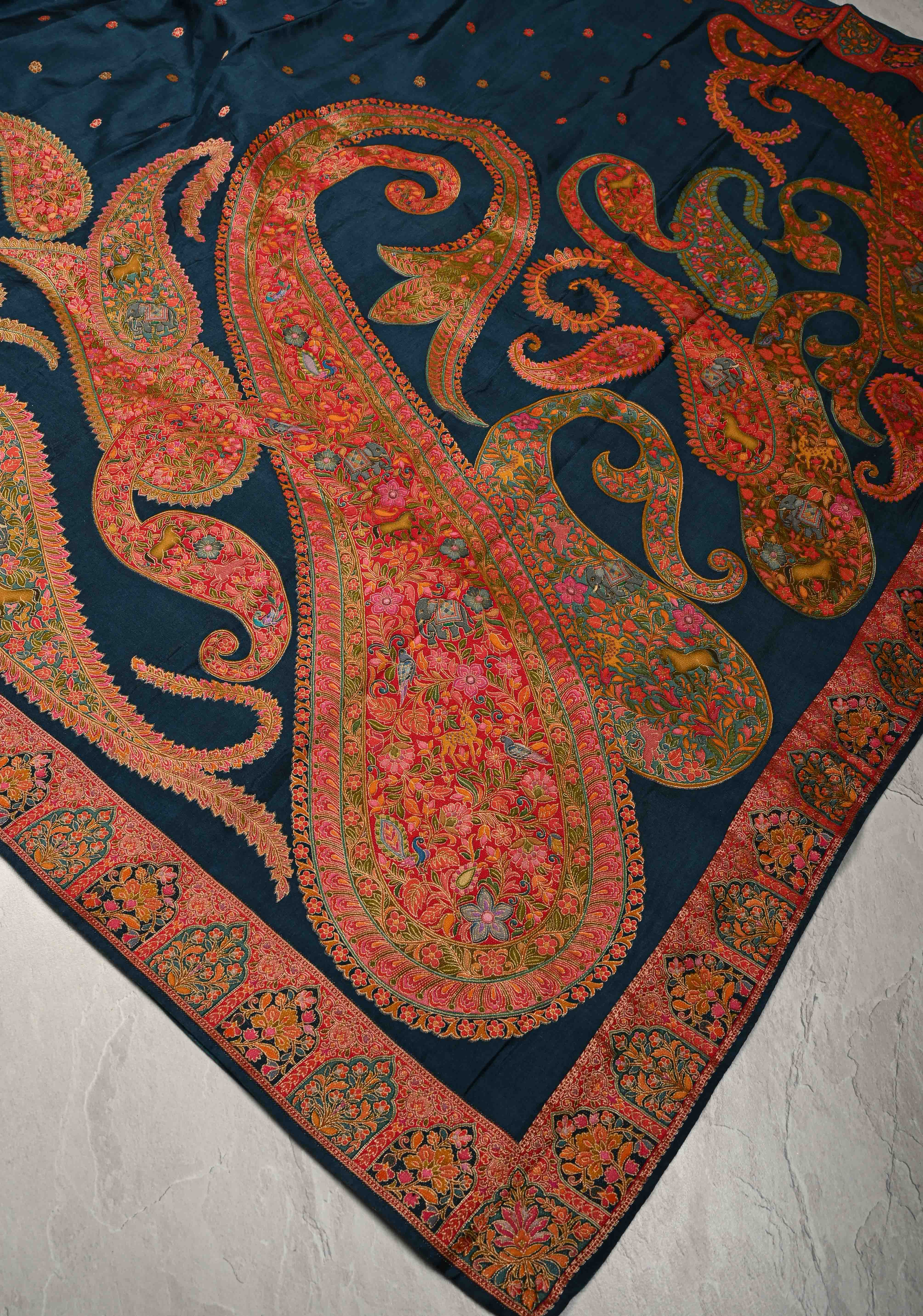 Prussian  Blue Vegan Viscose Silk Saree with Kashmiri Weave Kani Design and Border | SHOBITAM