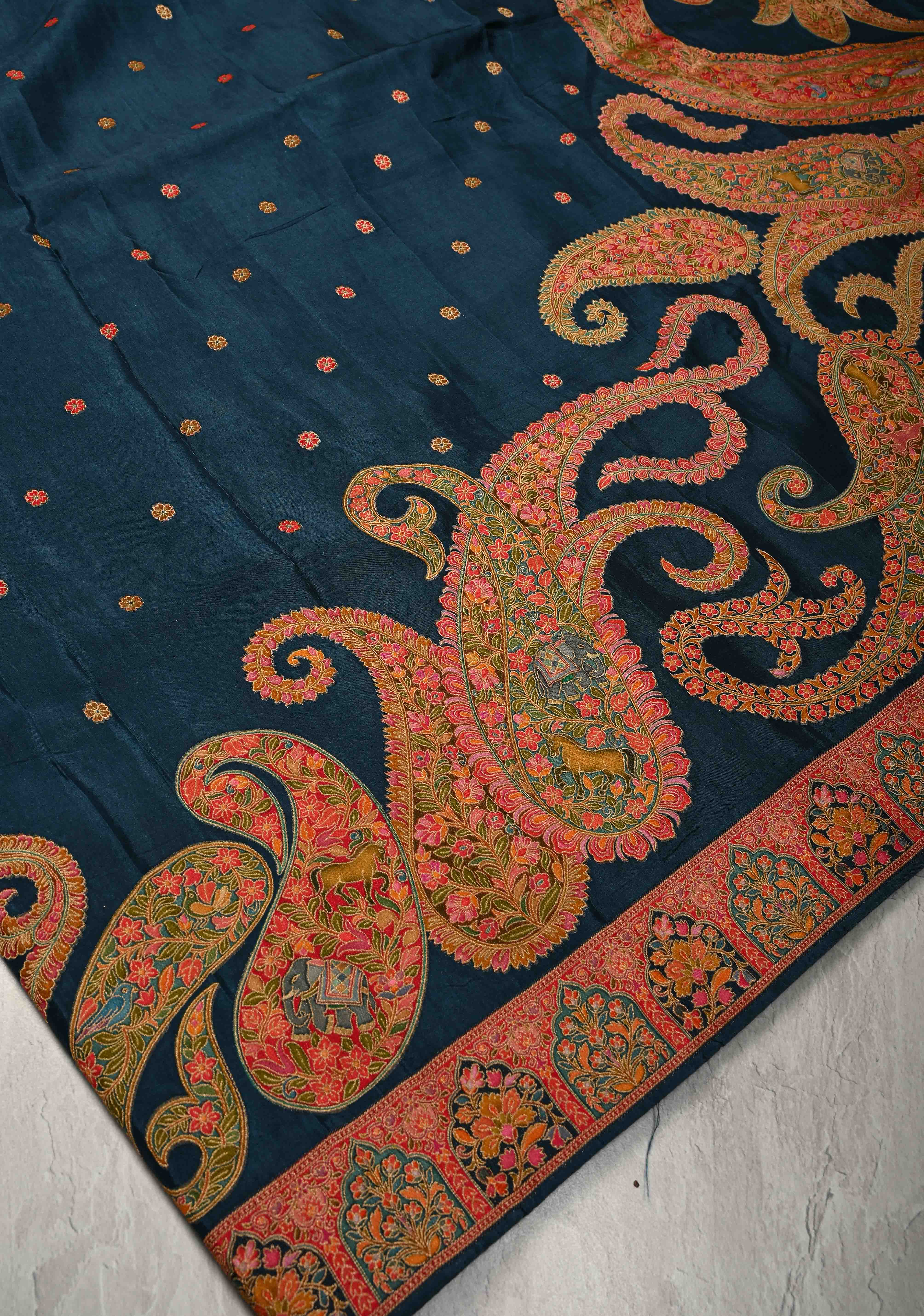 Prussian  Blue Vegan Viscose Silk Saree with Kashmiri Weave Kani Design and Border | SHOBITAM
