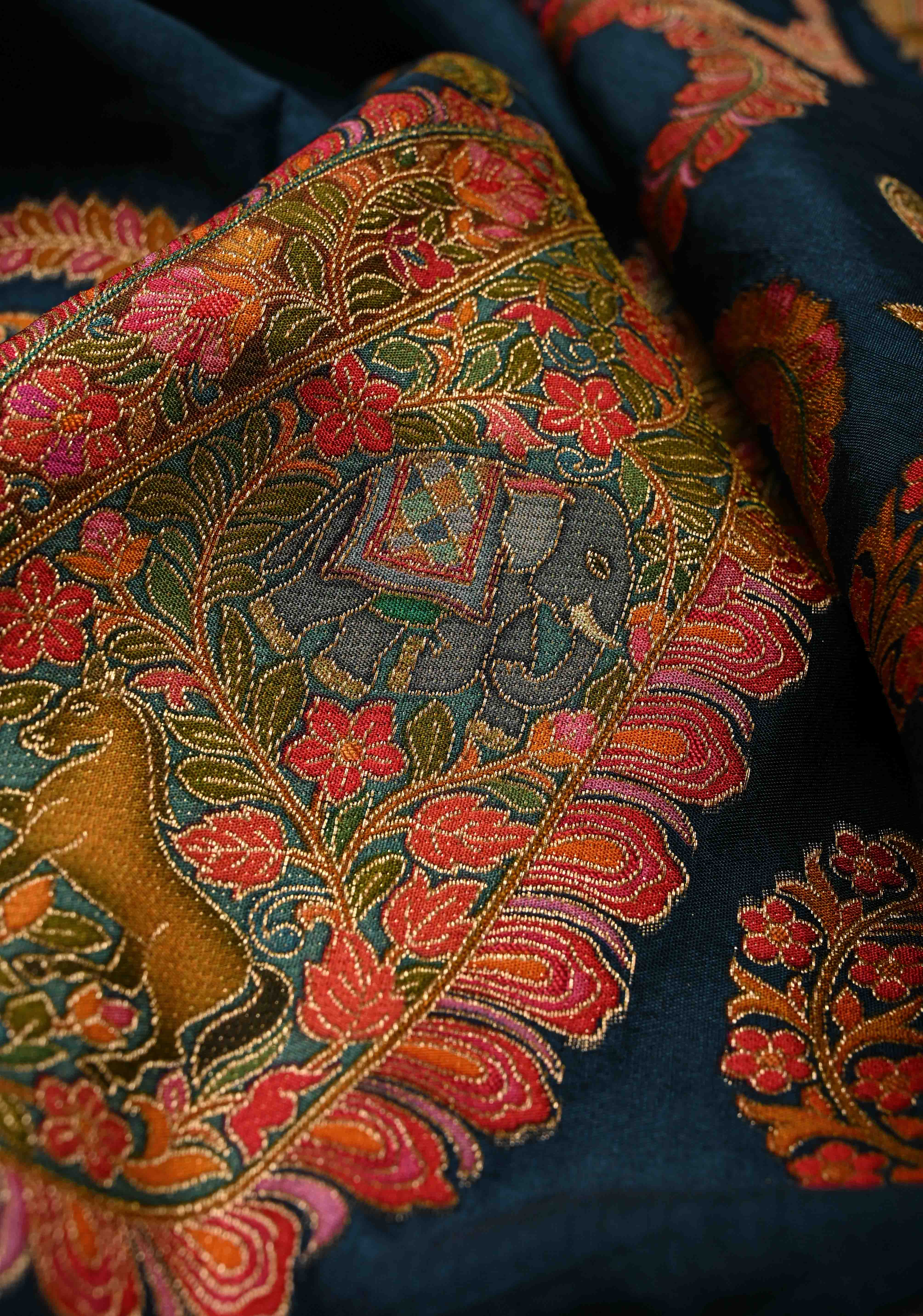 Prussian  Blue Vegan Viscose Silk Saree with Kashmiri Weave Kani Design and Border | SHOBITAM