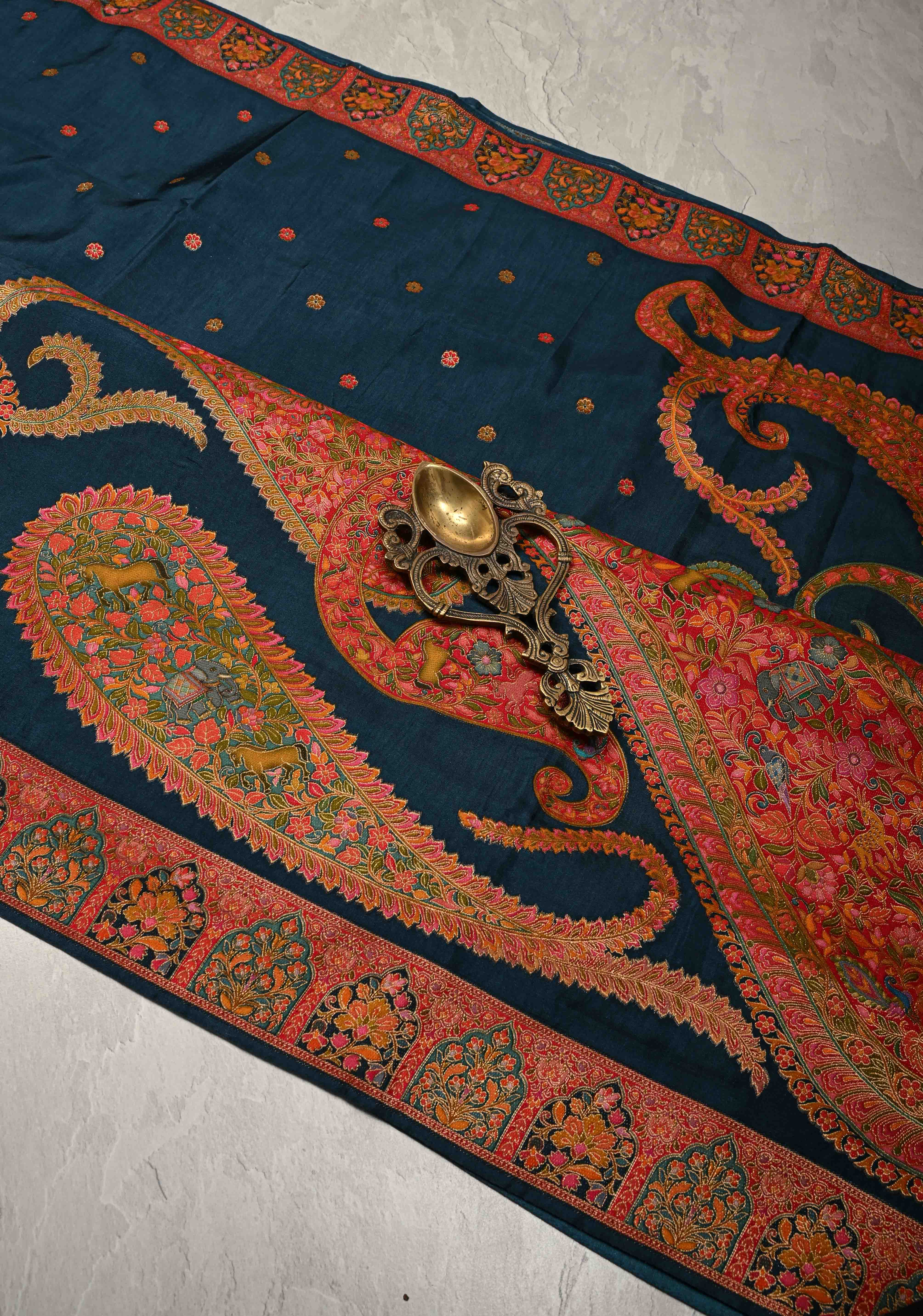 Prussian  Blue Vegan Viscose Silk Saree with Kashmiri Weave Kani Design and Border | SHOBITAM