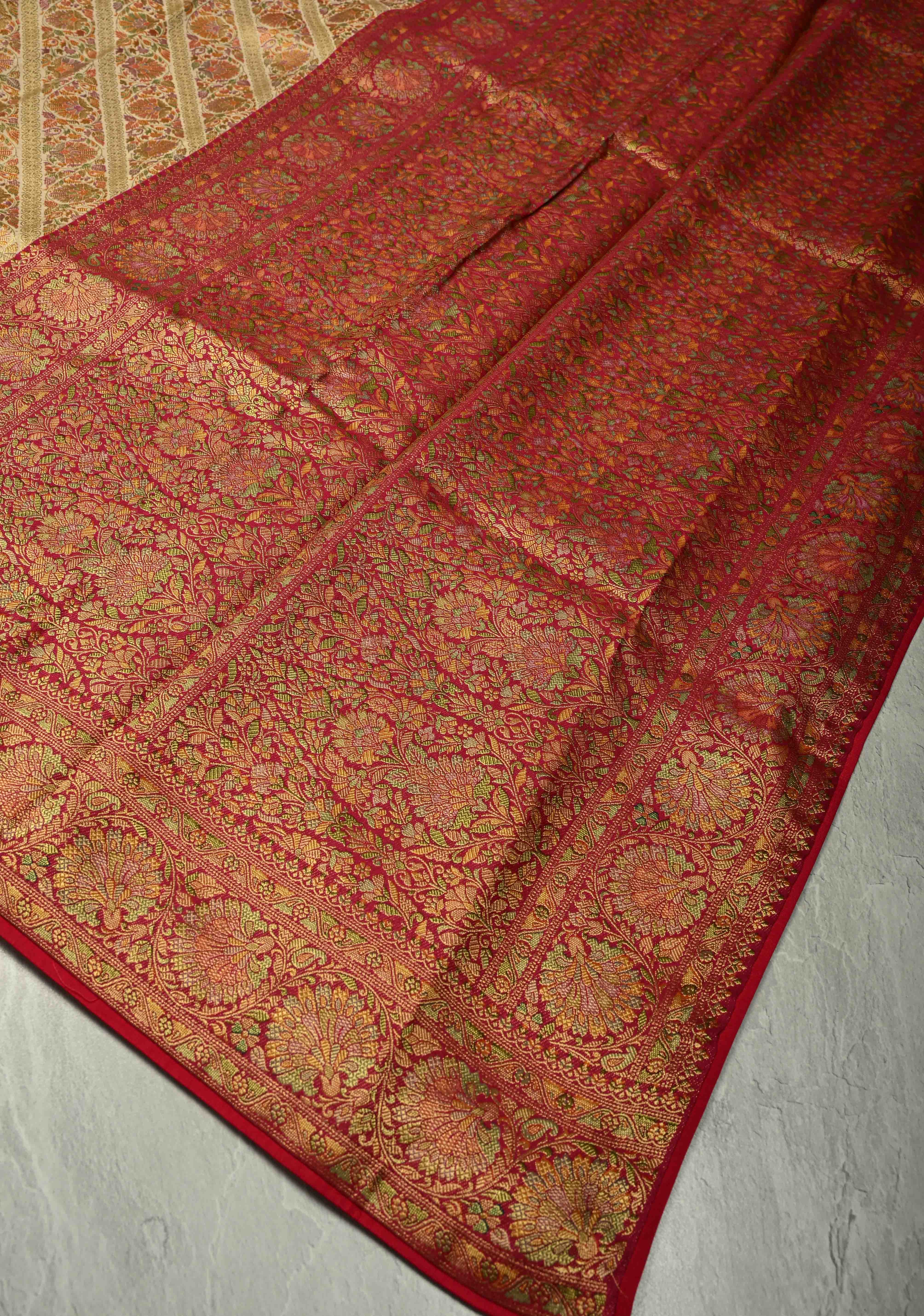 Vegan Silk Saree in Cream with Meenakari Floral Diagonal Stripes and Contrast Border | Shobitam