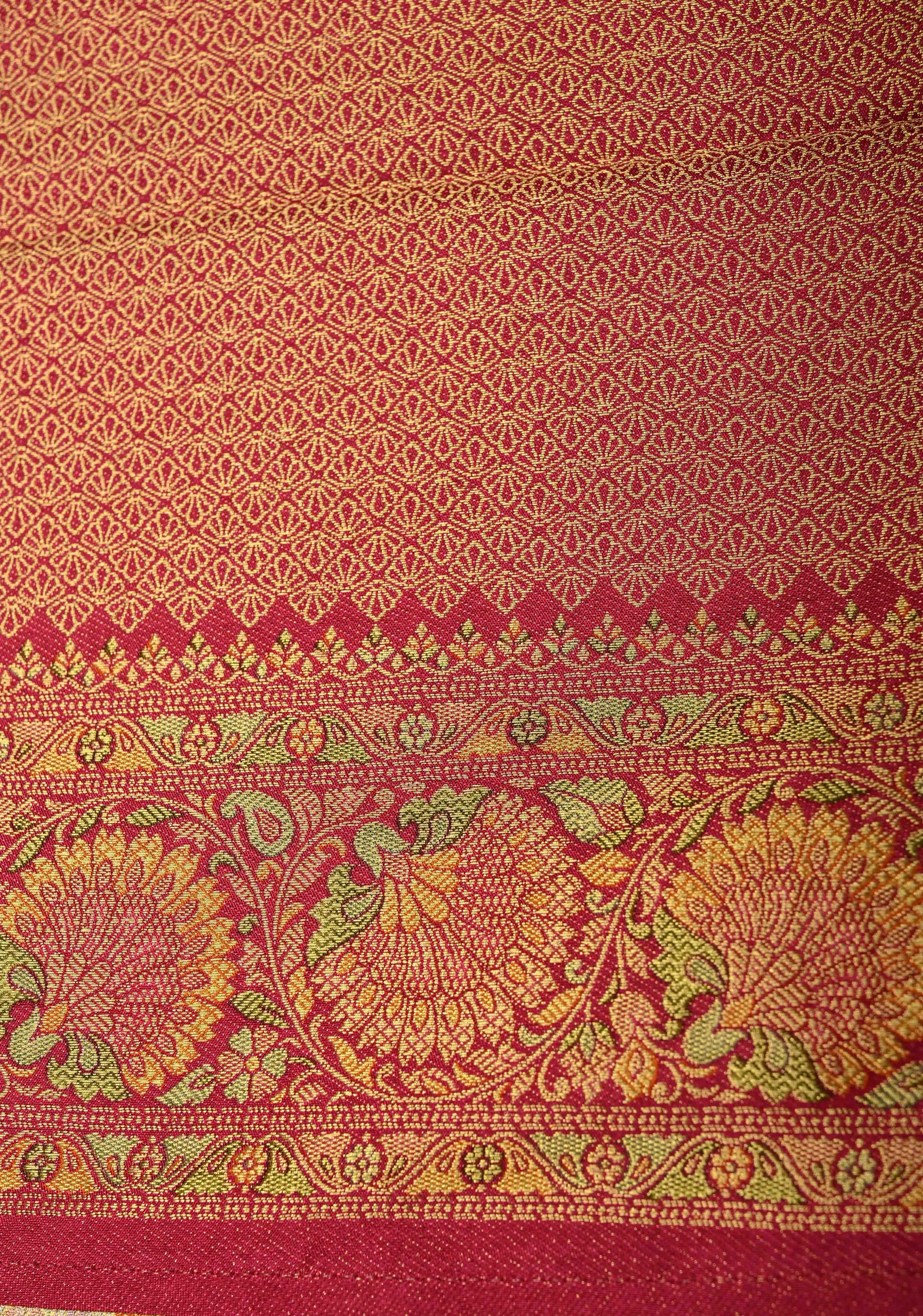 Vegan Silk Saree in Cream with Meenakari Floral Diagonal Stripes and Contrast Border | Shobitam