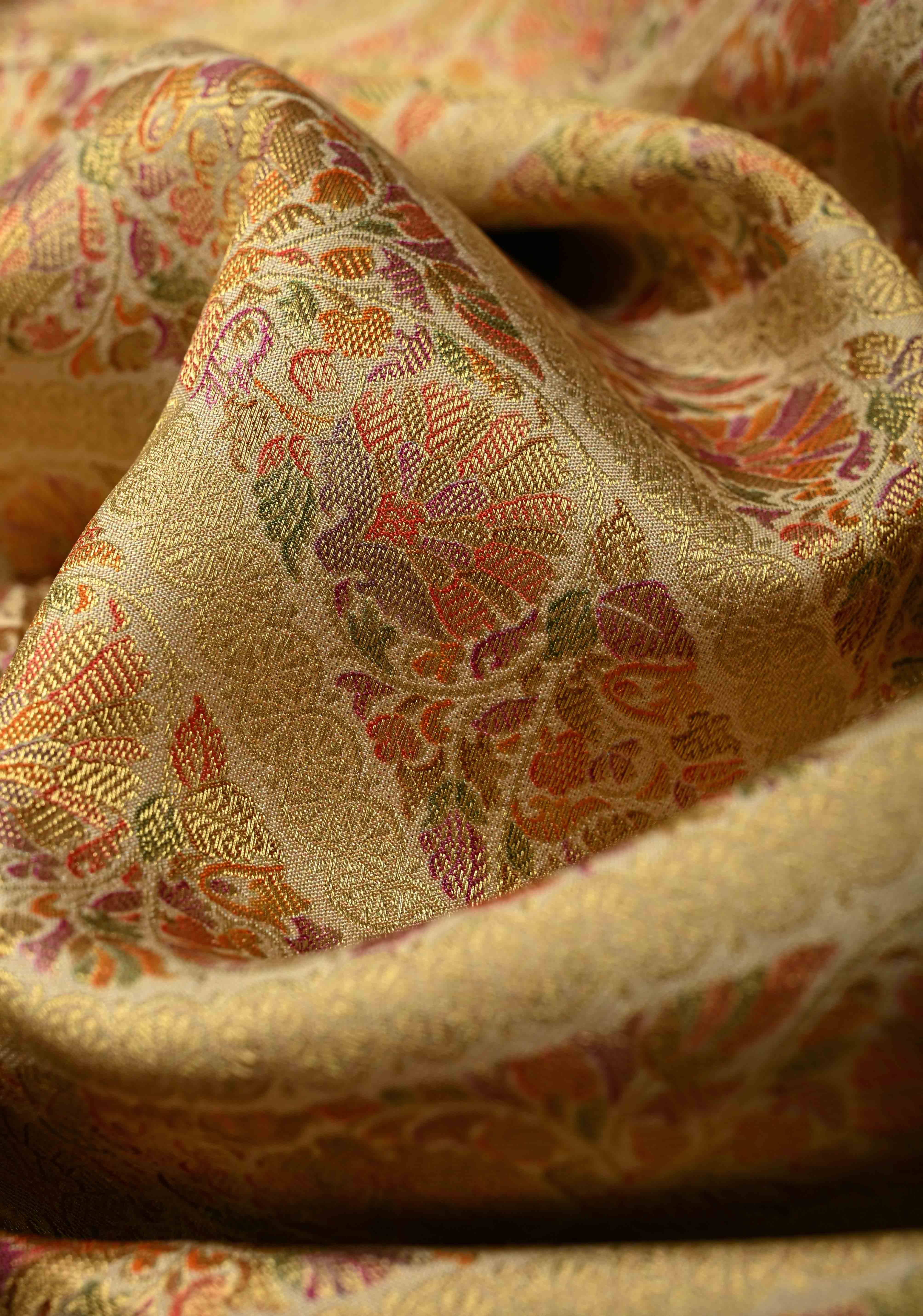 Vegan Silk Saree in Cream with Meenakari Floral Diagonal Stripes and Contrast Border | Shobitam