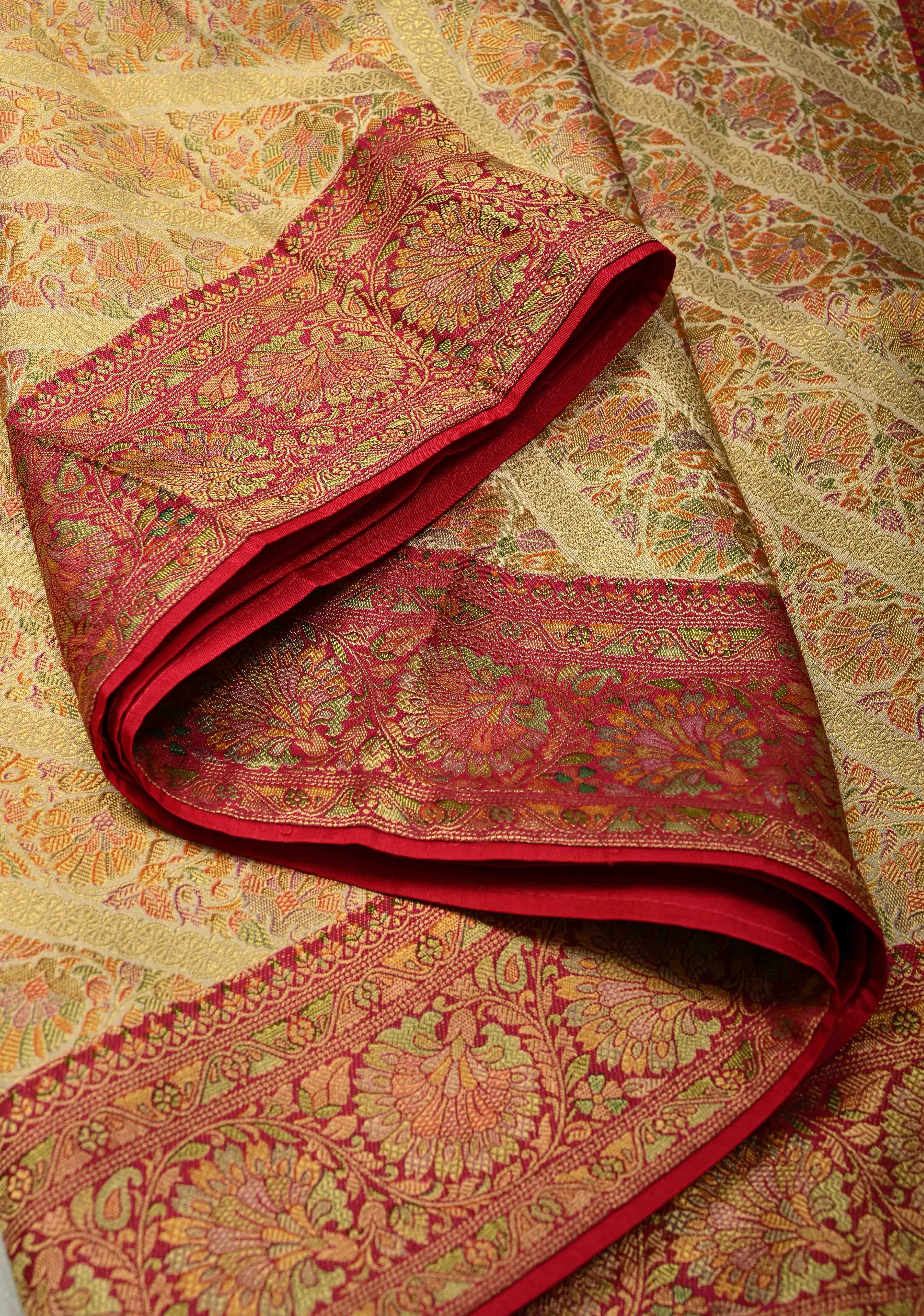 Vegan Silk Saree in Cream with Meenakari Floral Diagonal Stripes and Contrast Border | Shobitam