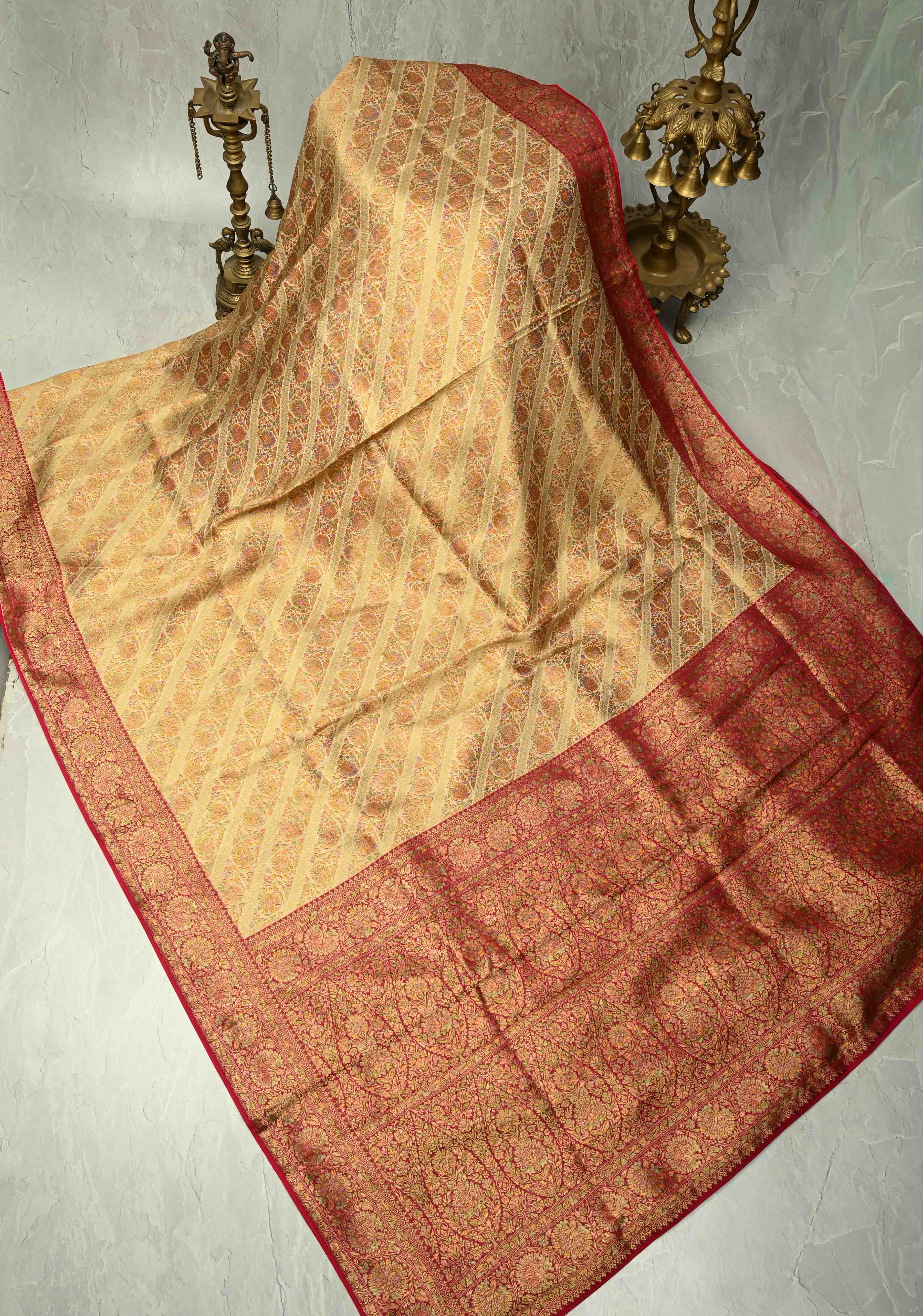 Vegan Silk Saree in Cream with Meenakari Floral Diagonal Stripes and Contrast Border | Shobitam