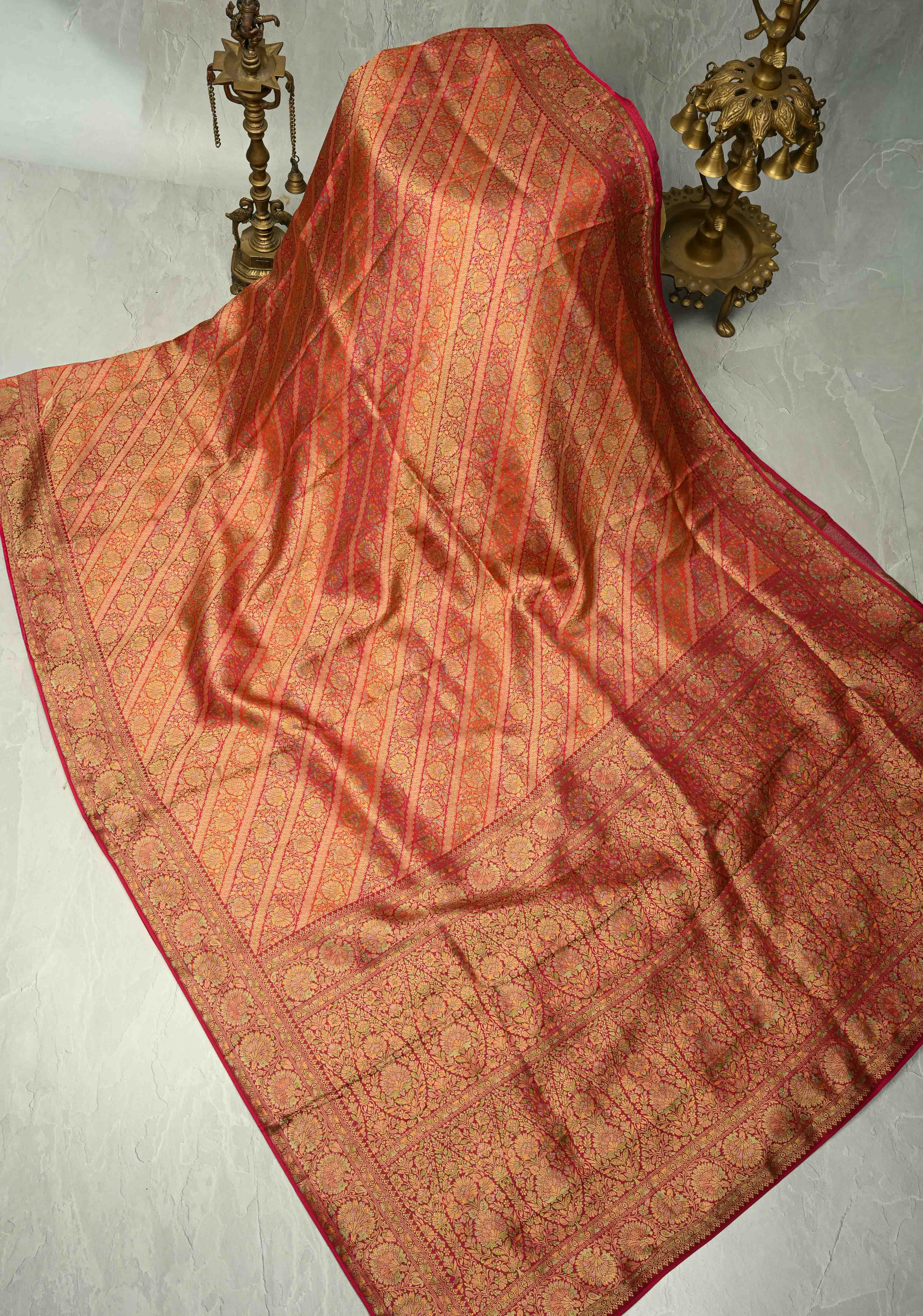 Vegan Silk Saree in Pink-Red with Lehriya Design and Border | Shobitam
