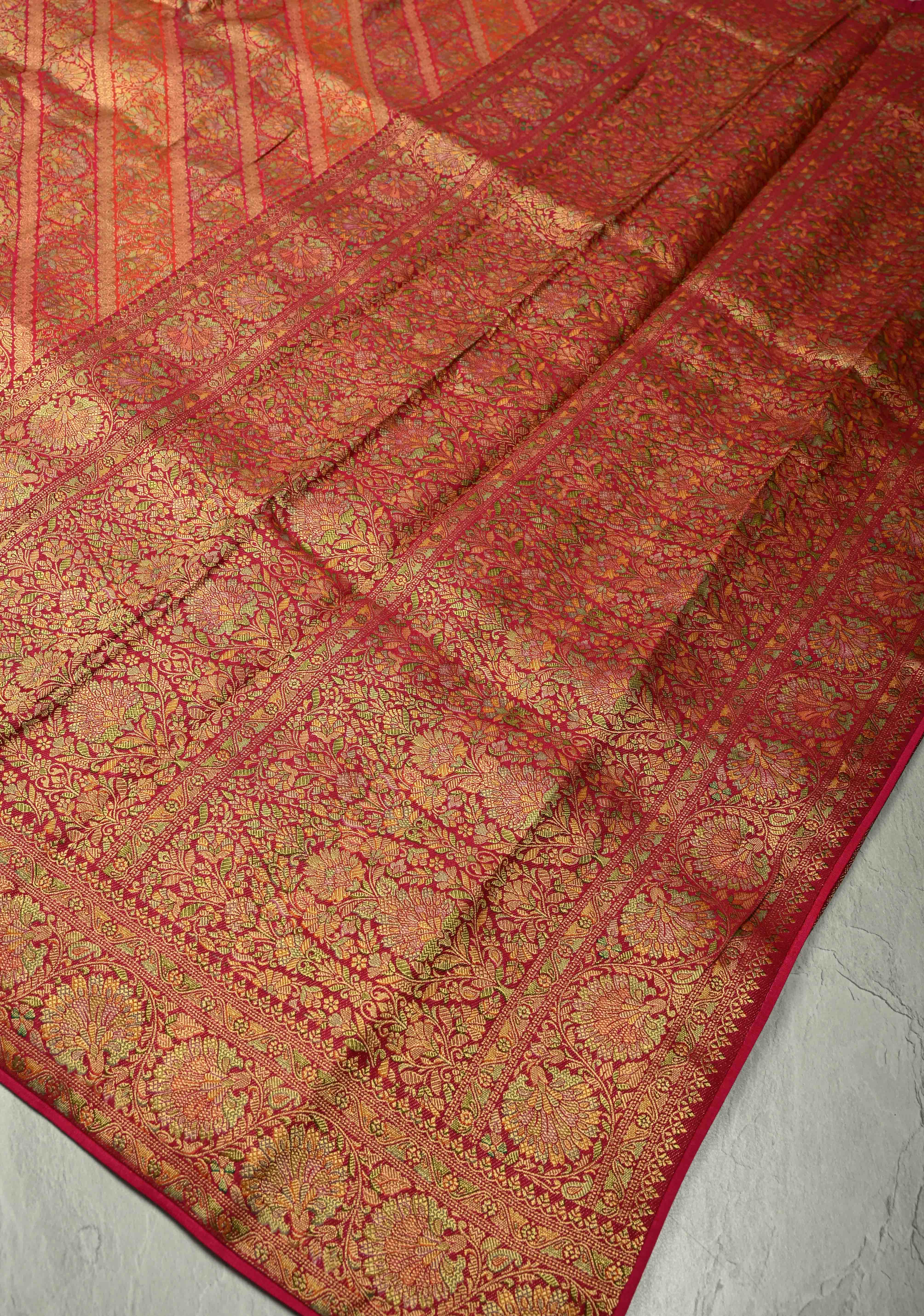 Vegan Silk Saree in Pink-Red with Lehriya Design and Border | Shobitam