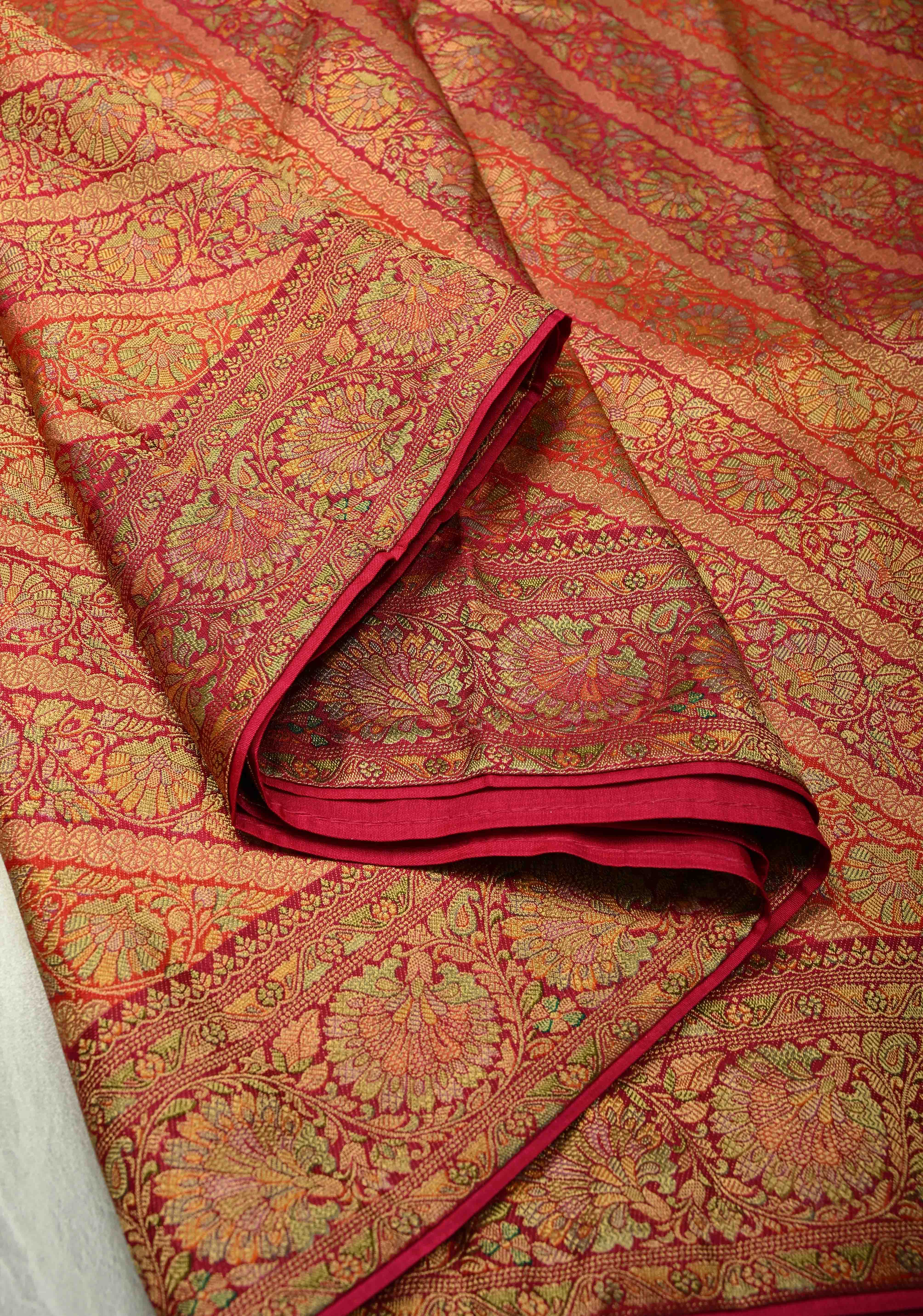 Vegan Silk Saree in Pink-Red with Lehriya Design and Border | Shobitam