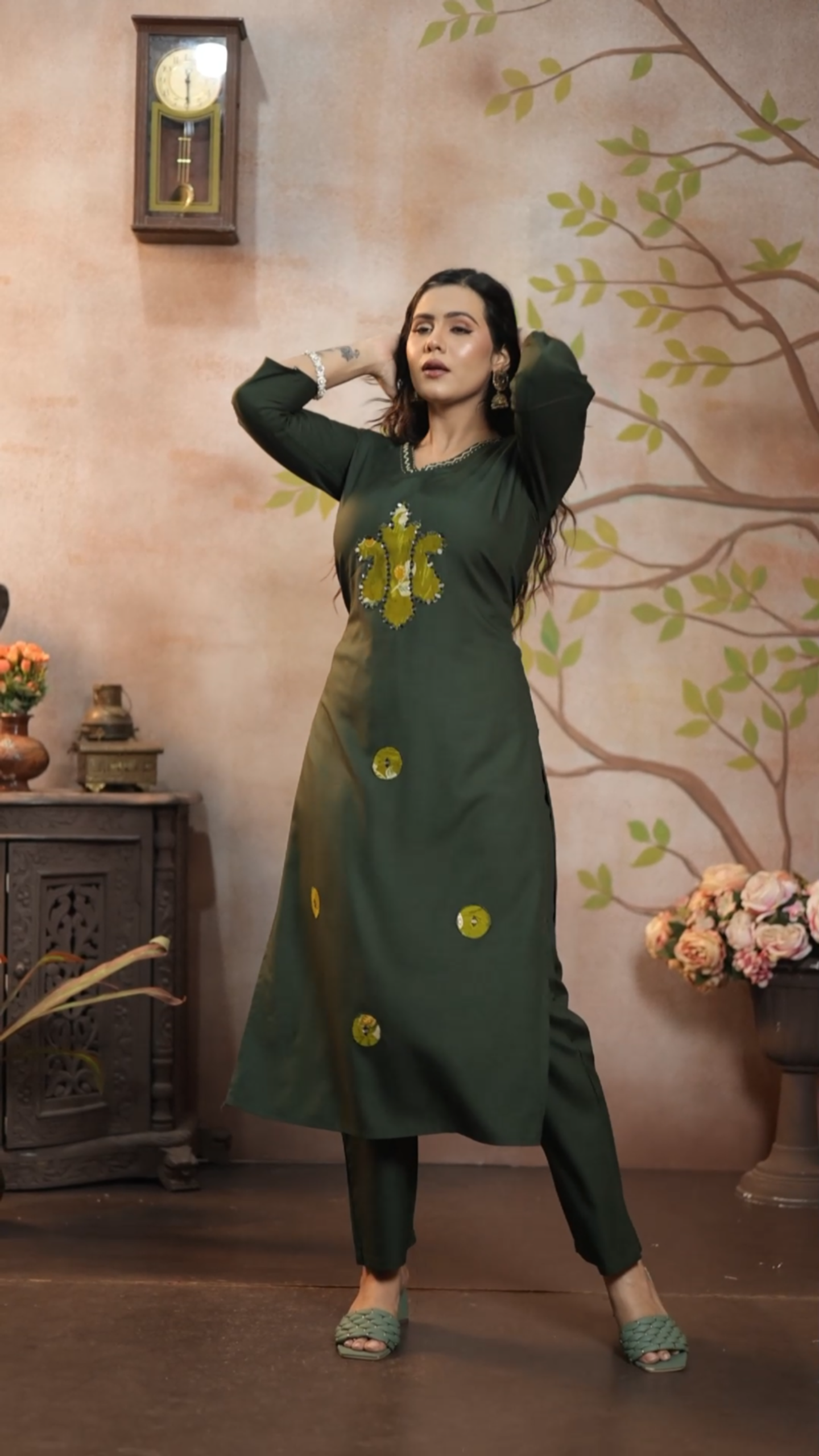 Olive Green Cotton Embroidered Kurti Set | Made to Order | SHOBITAM