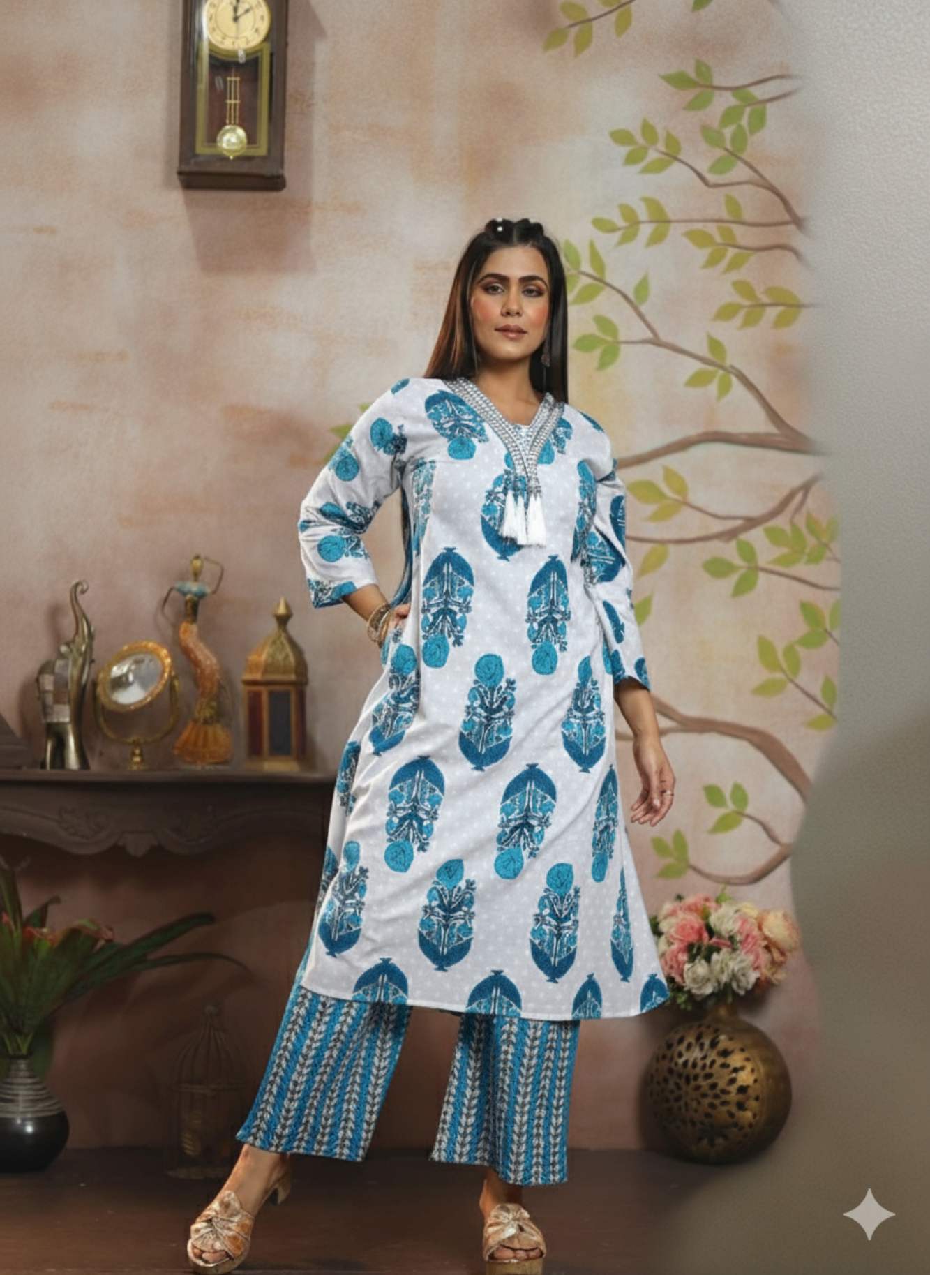 Blue A-Line Printed Cotton Kurti & Pant Set | Made to Order