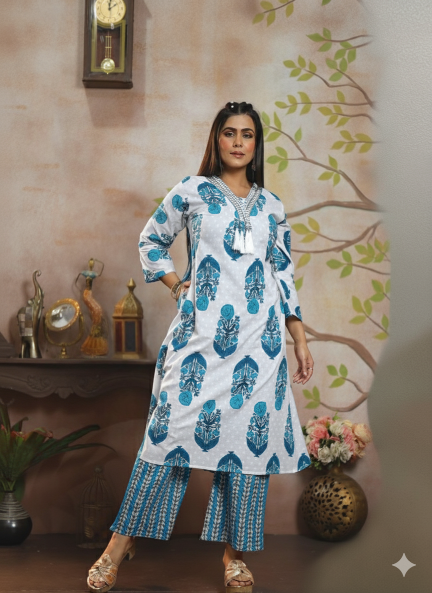 Blue A-Line Printed Cotton Kurti & Pant Set | Made to Order | SHOBITAM