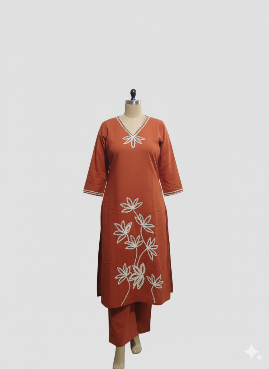 Rust Cotton Applique Daman Kurti 2 piece Set | Made to Order | SHOBITAM