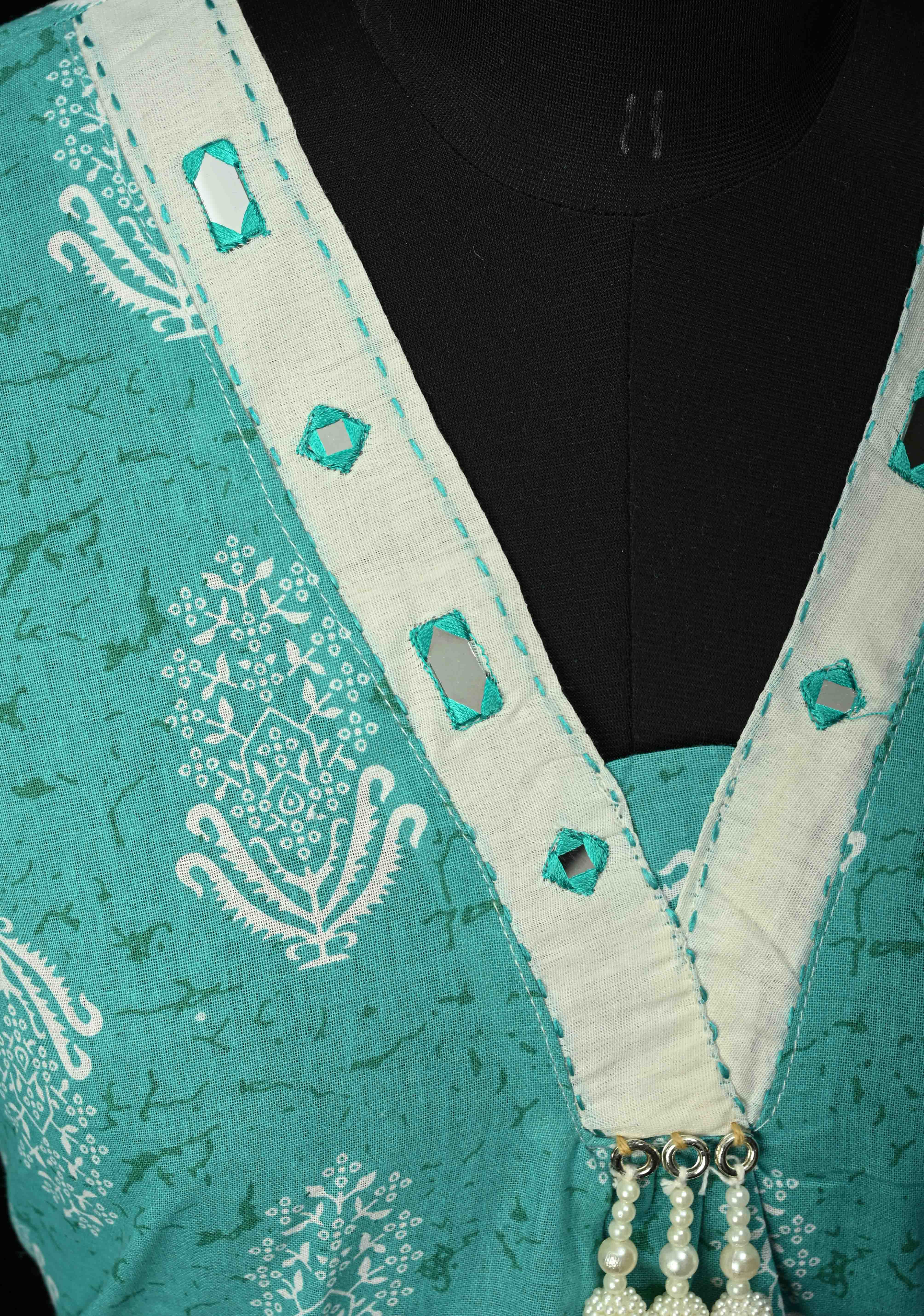 Cotton Jaipuri Print  Blue A-Line Kurti Set with Contrast Neck Detailing | Made to Order | SHOBITAM