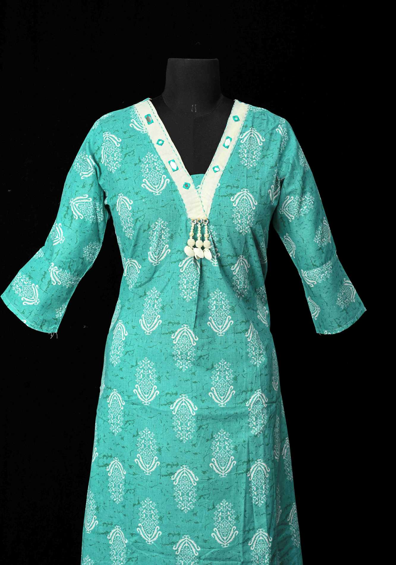 Cotton Jaipuri Print Blue A-Line Kurti Set with Contrast Neck Detailing | Made to Order