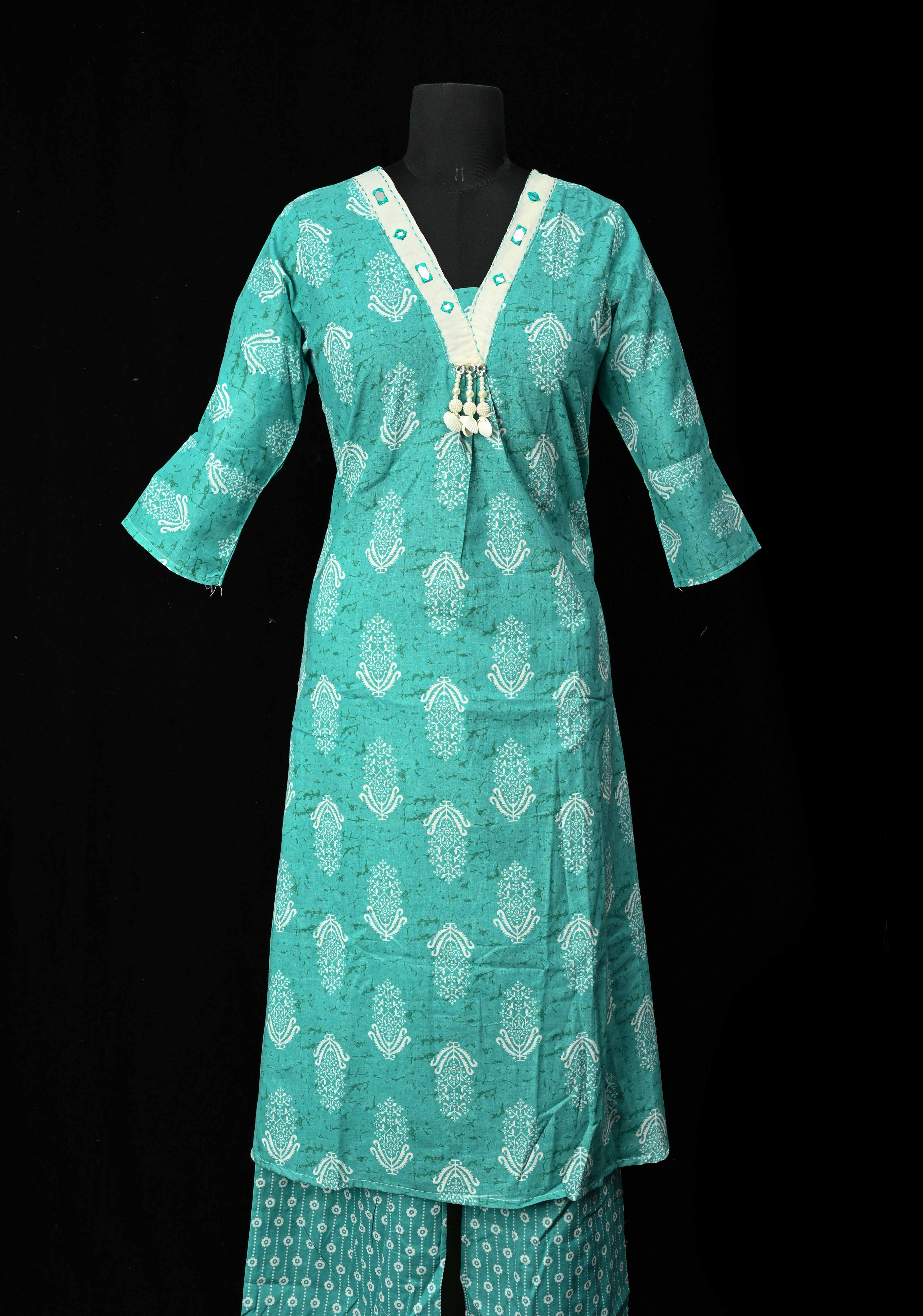 Cotton Jaipuri Print  Blue A-Line Kurti Set with Contrast Neck Detailing | Made to Order | SHOBITAM