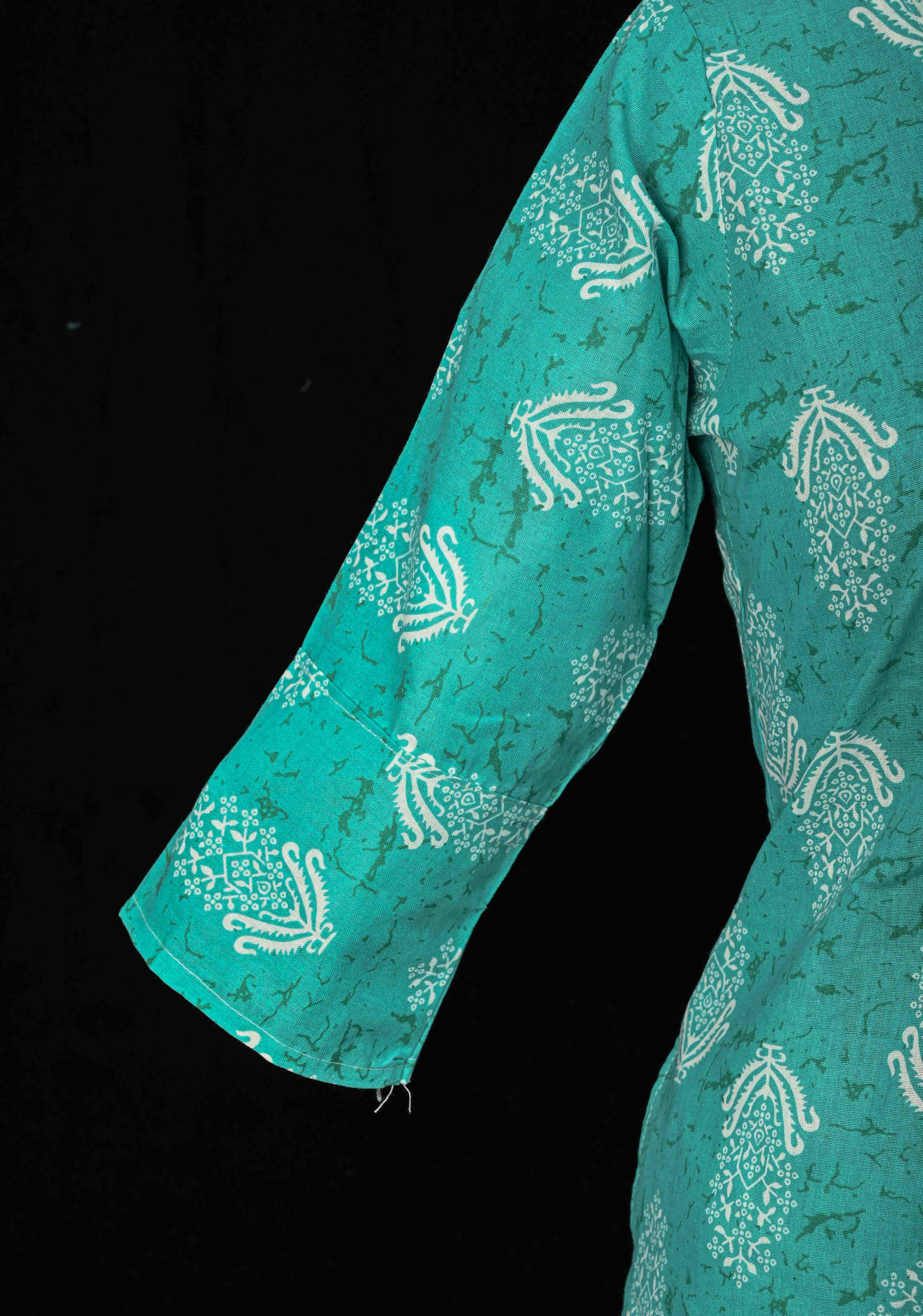 Cotton Jaipuri Print  Blue A-Line Kurti Set with Contrast Neck Detailing | Made to Order | SHOBITAM