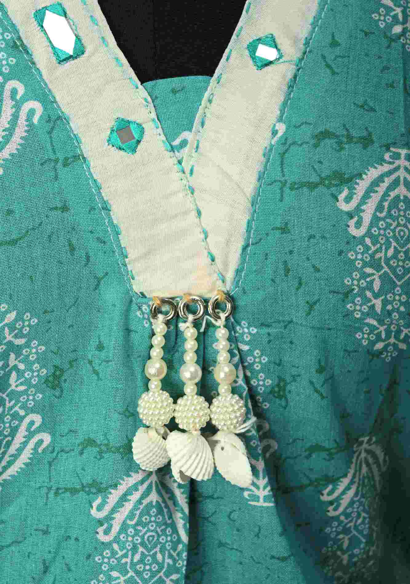 Cotton Jaipuri Print Blue A-Line Kurti Set with Contrast Neck Detailing | Made to Order