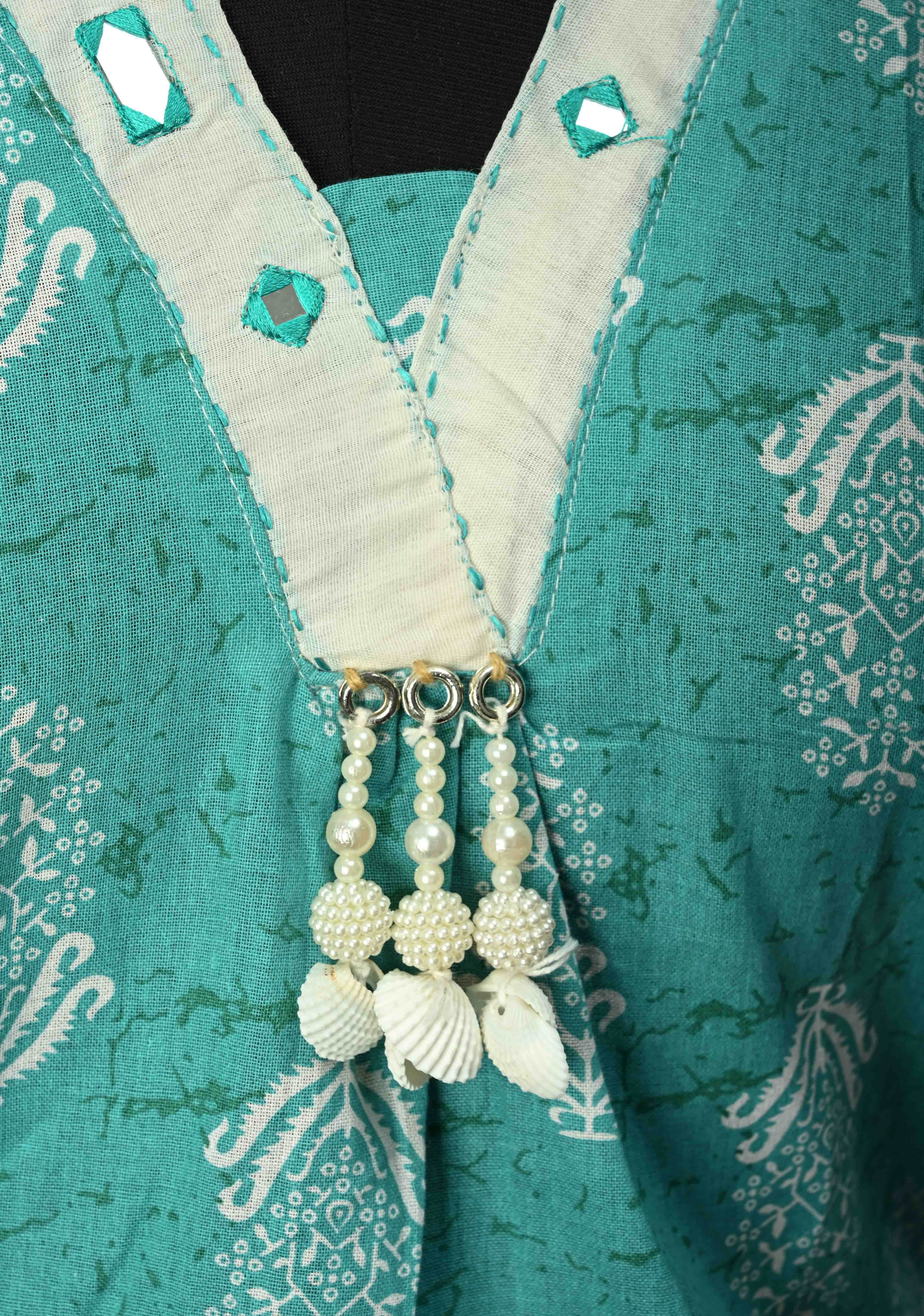 Cotton Jaipuri Print  Blue A-Line Kurti Set with Contrast Neck Detailing | Made to Order | SHOBITAM