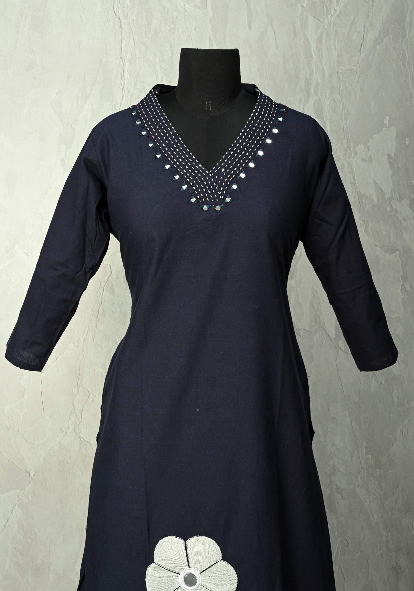 Navy Cotton Applique Floral Kurti 2 piece Set | Made to Order