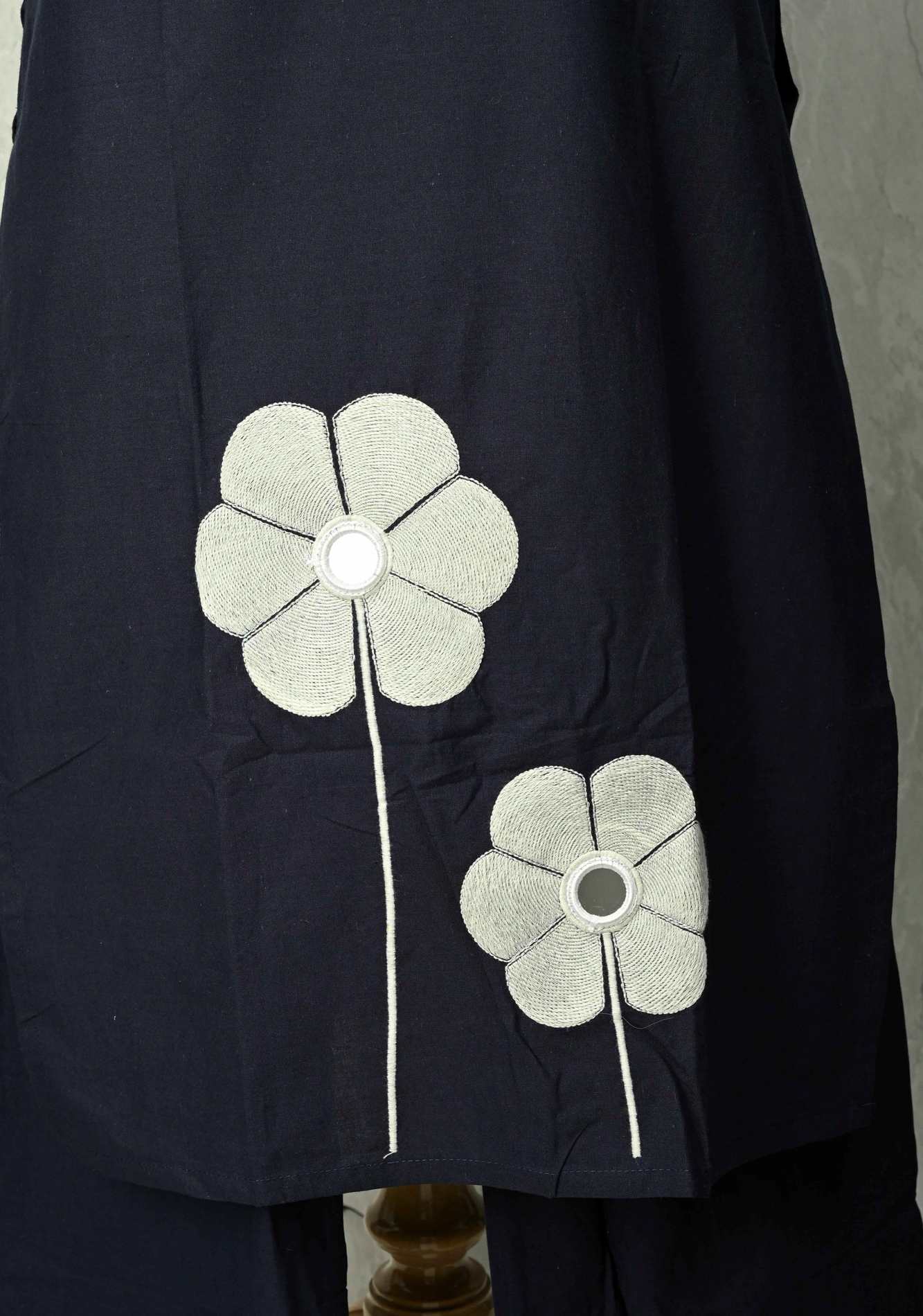 Navy Cotton Applique Floral Kurti 2 piece Set | Made to Order
