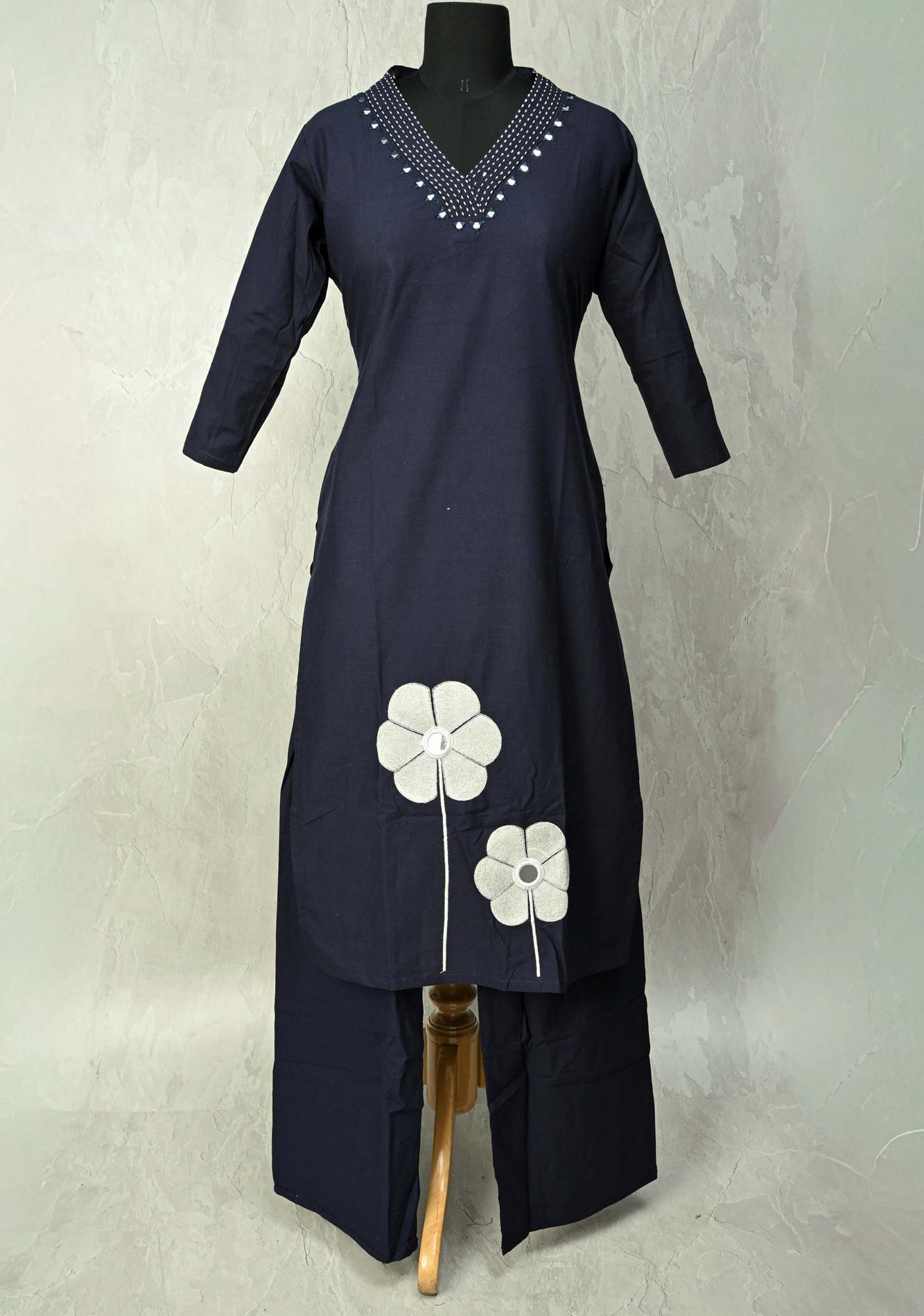 Navy Cotton Applique Floral Kurti 2 piece Set | Made to Order
