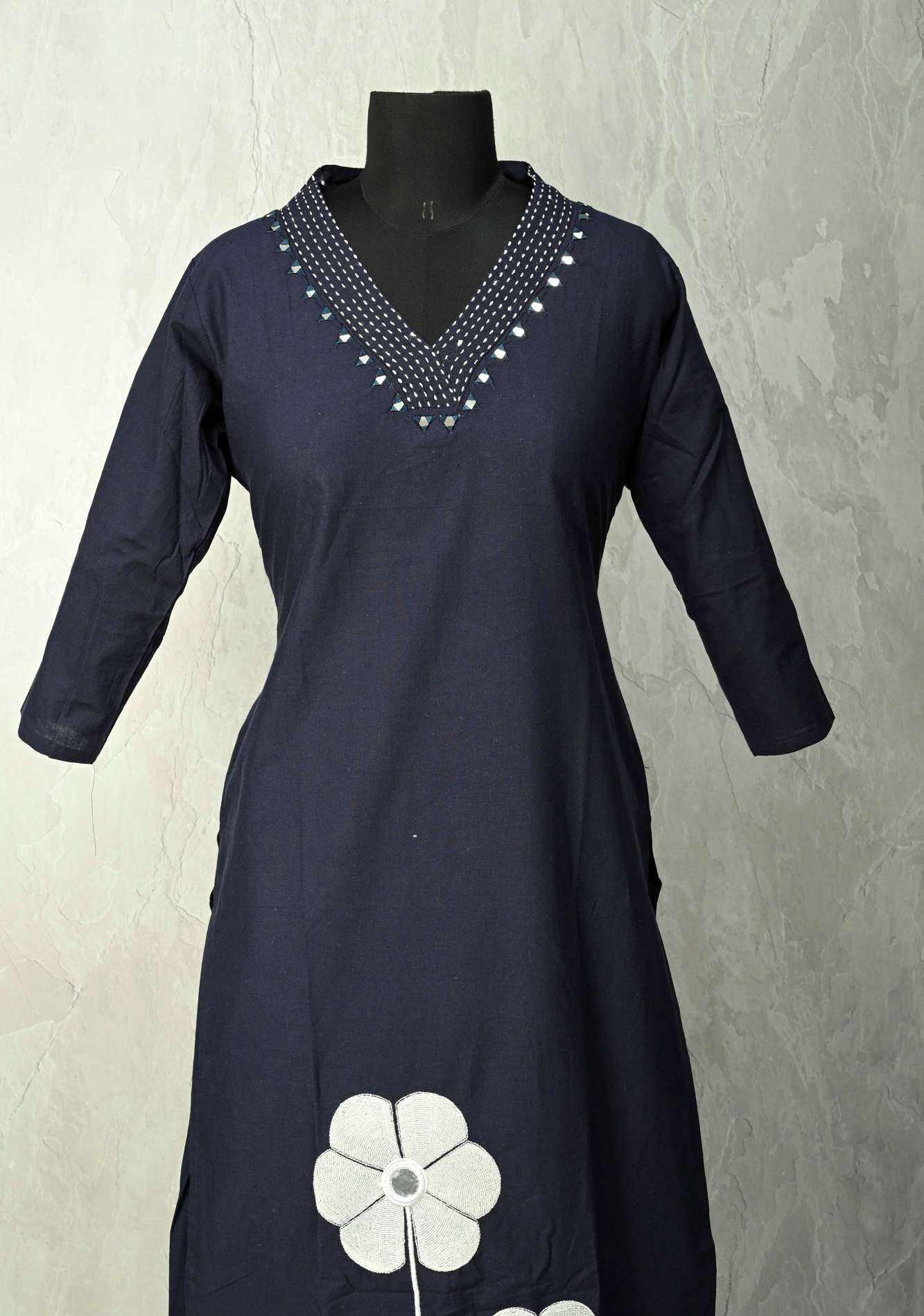 Navy Cotton Applique Floral Kurti 2 piece Set | Made to Order