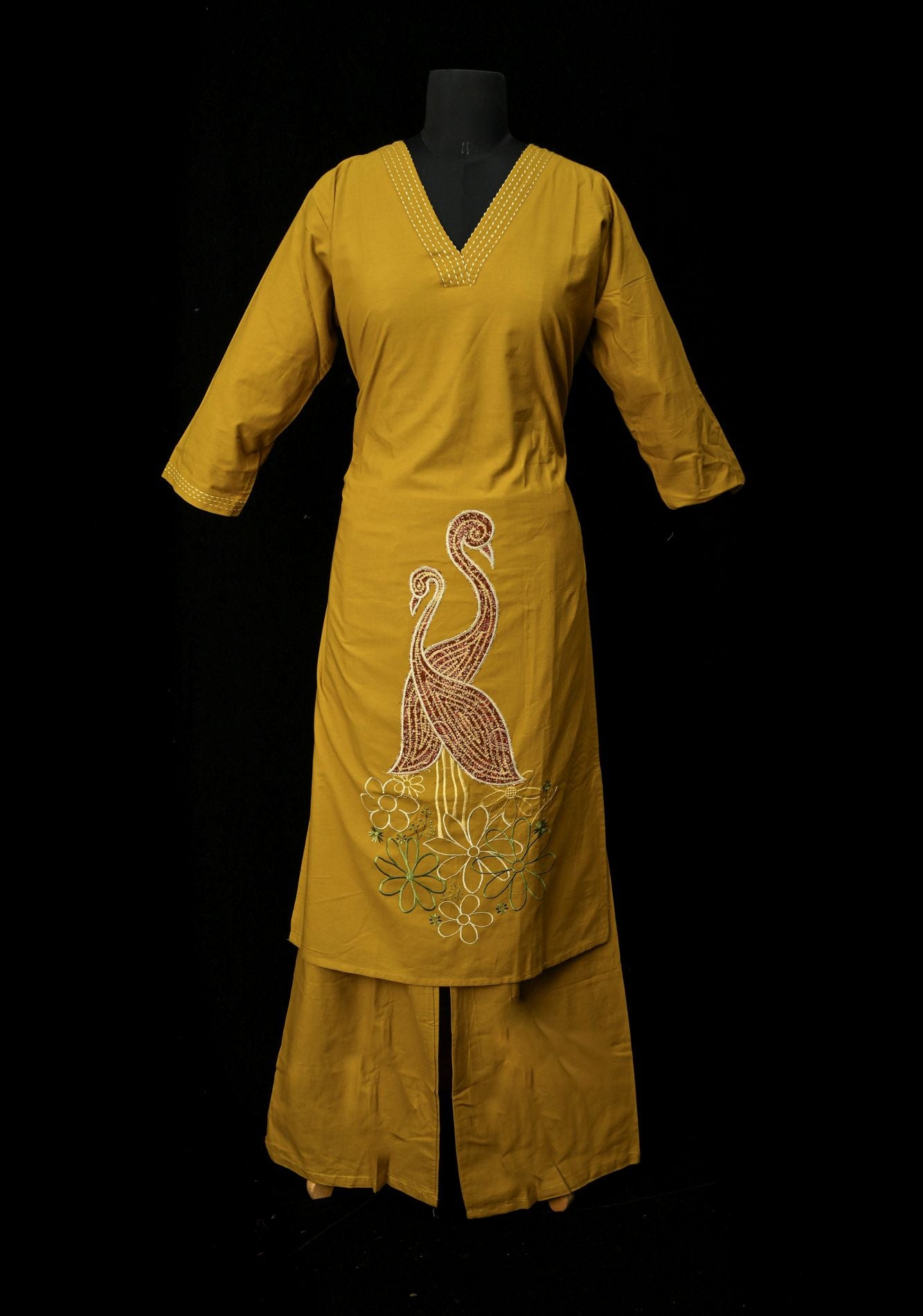 Mustard Yellow Cotton Coord Set with V-neck, 3/4th Sleeve Kurti & Pants | Made to Order