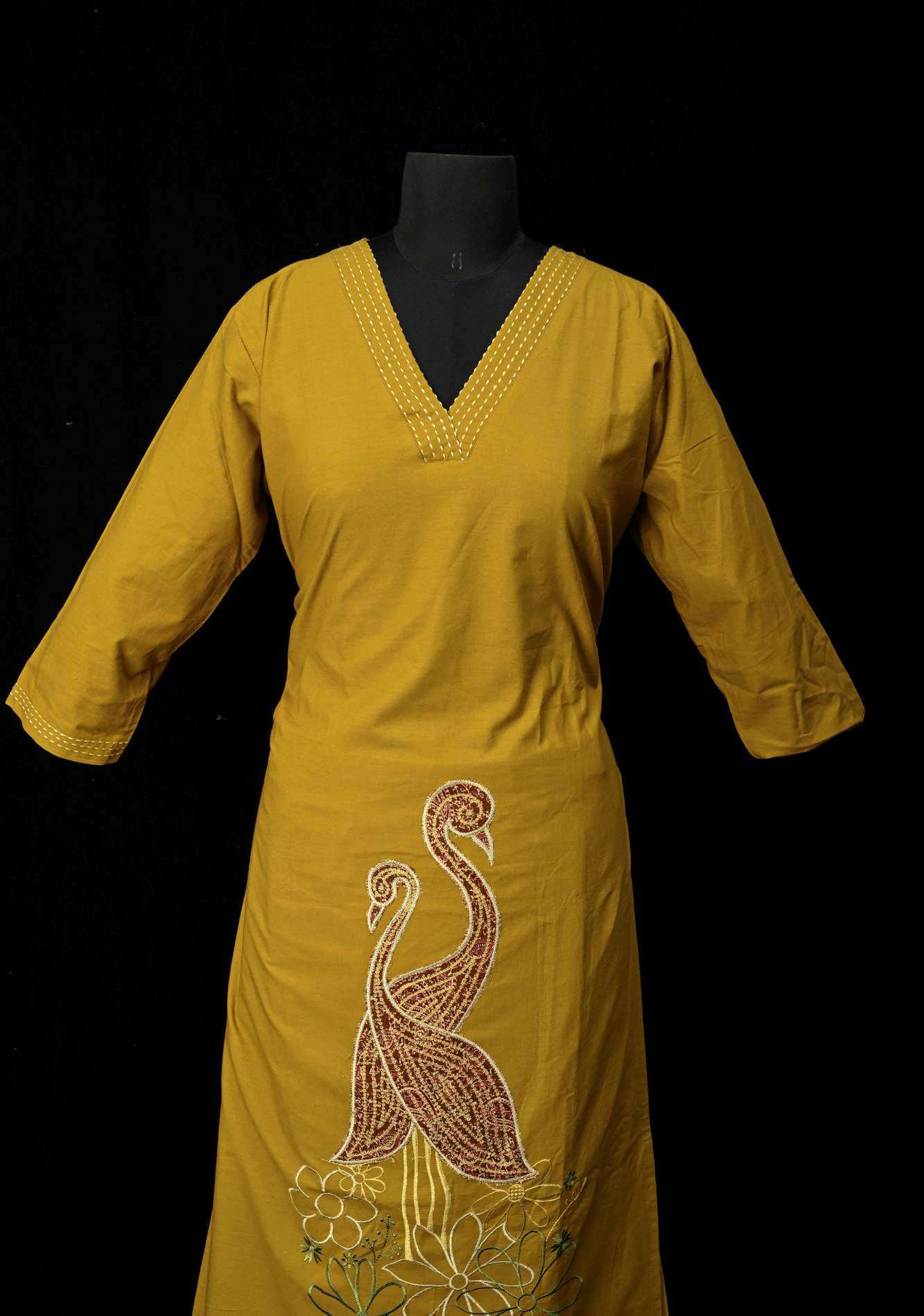 Mustard Yellow Cotton Coord Set with V-neck, 3/4th Sleeve Kurti & Pants | Made to Order