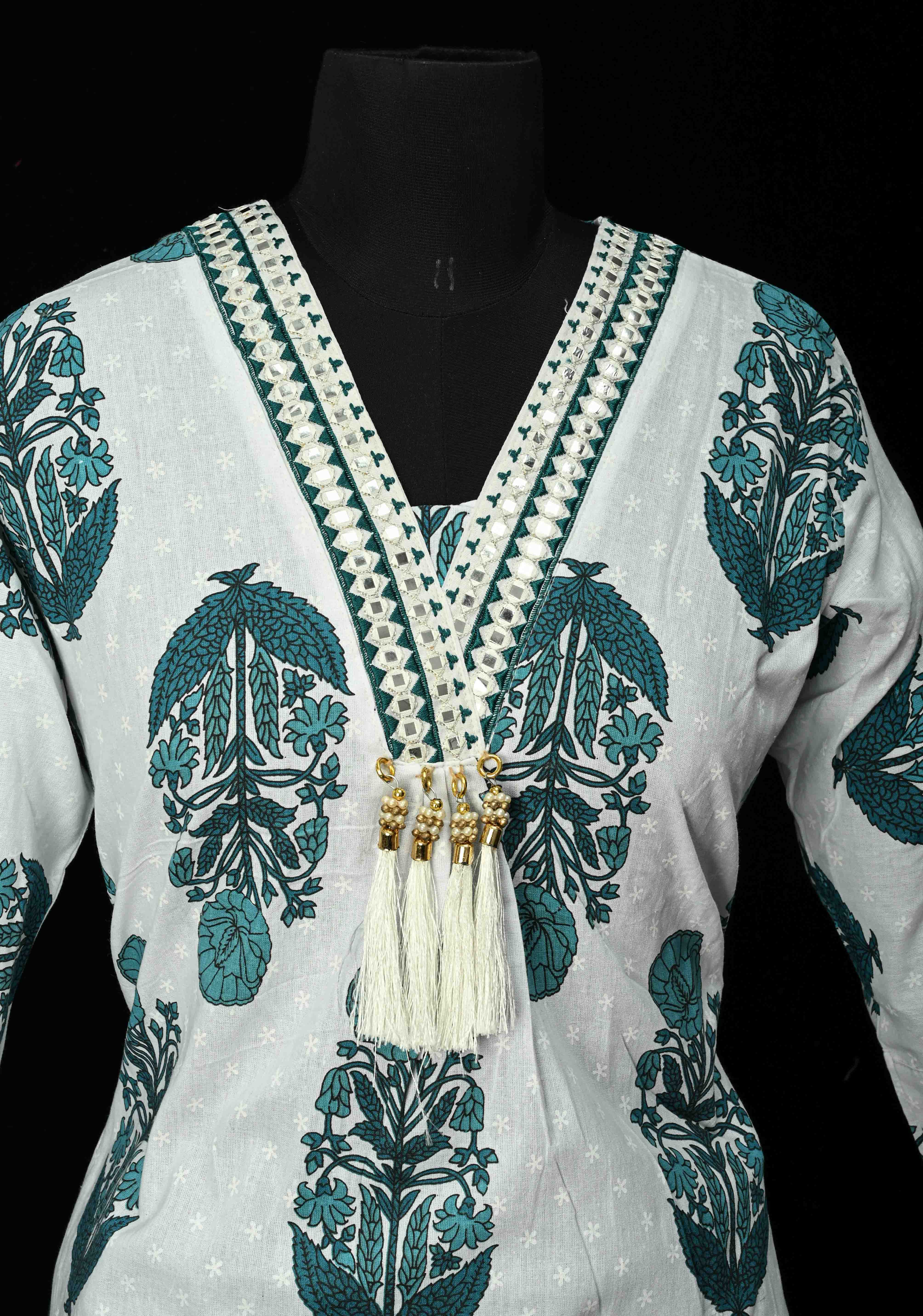 Blue A-Line Printed Cotton Kurti & Pant Set | Made to Order | SHOBITAM