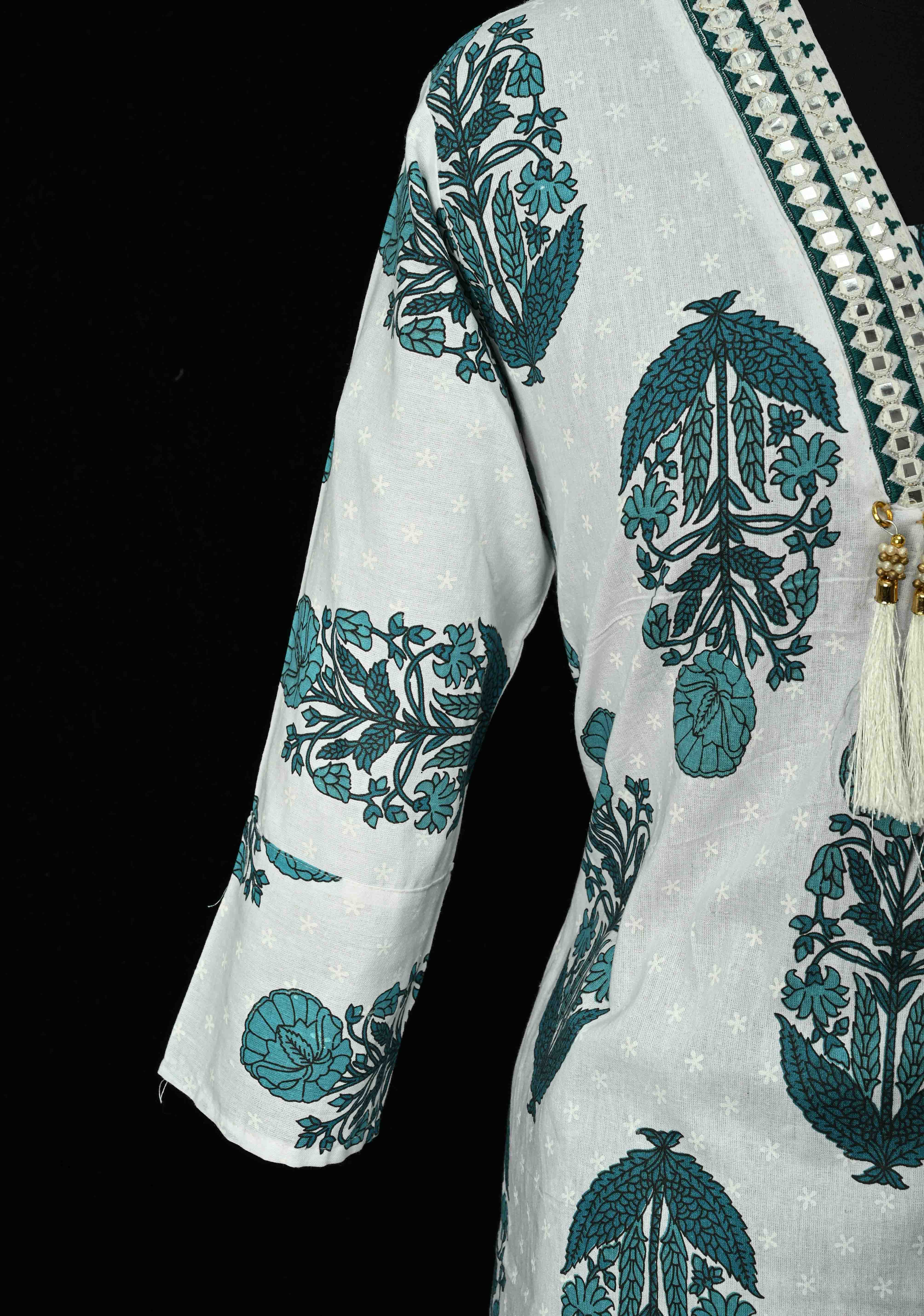 Blue A-Line Printed Cotton Kurti & Pant Set | Made to Order | SHOBITAM