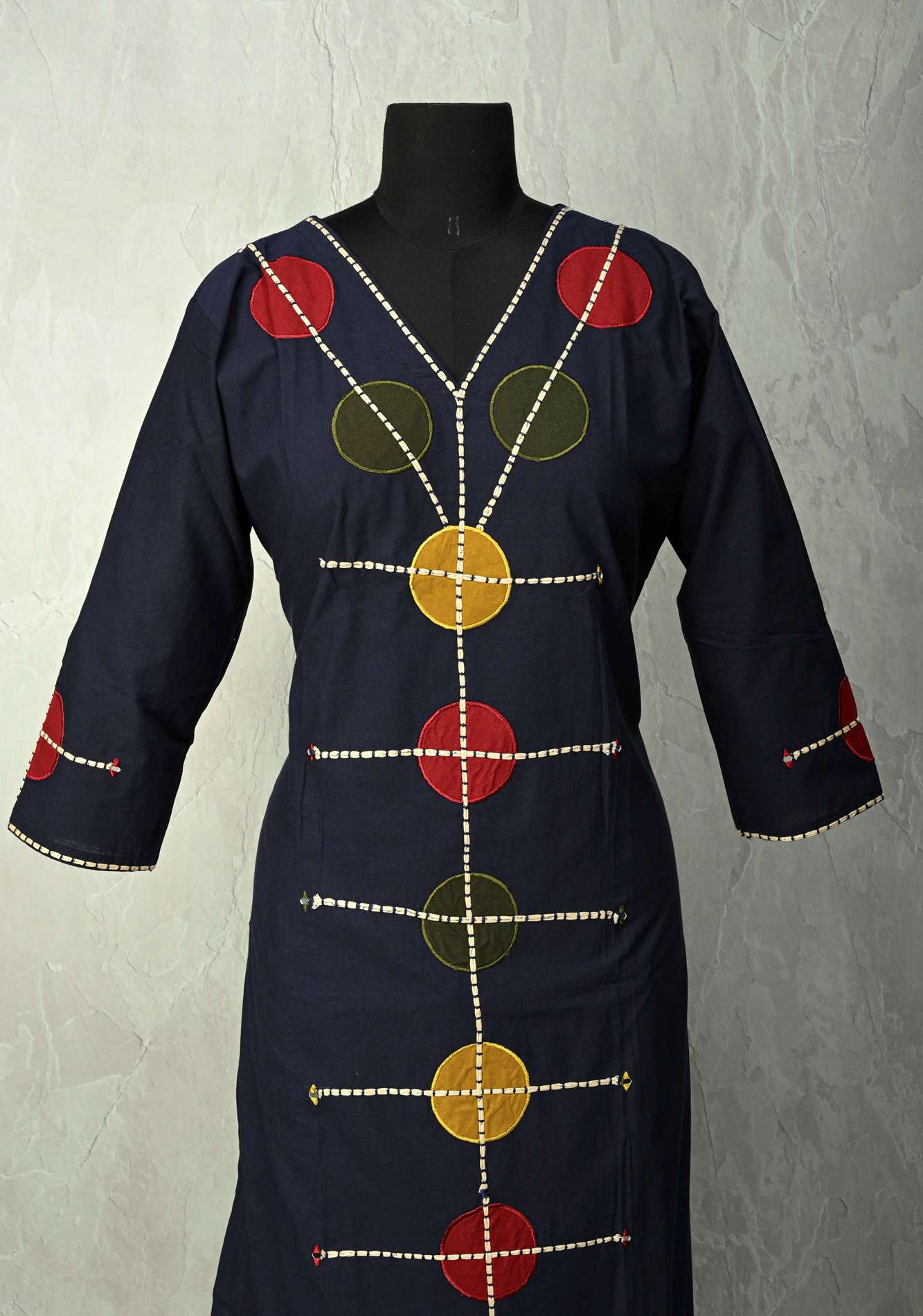 Navy Cotton Designer Patch Kurti Set – Hand Embroidered Details | Made to Order