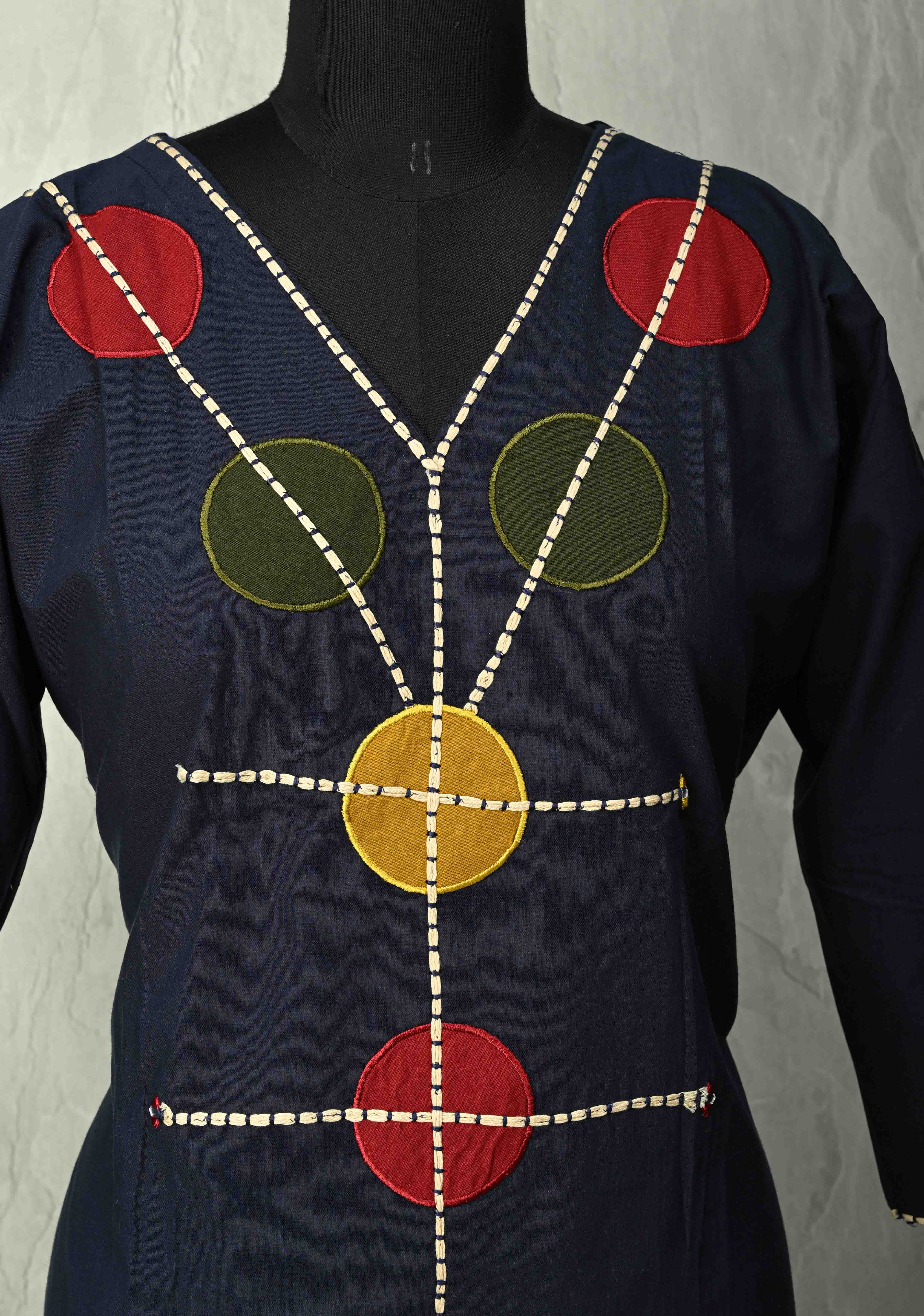 Navy Cotton Designer Patch Kurti Set – Hand Embroidered Details | Made to Order | SHOBITAM