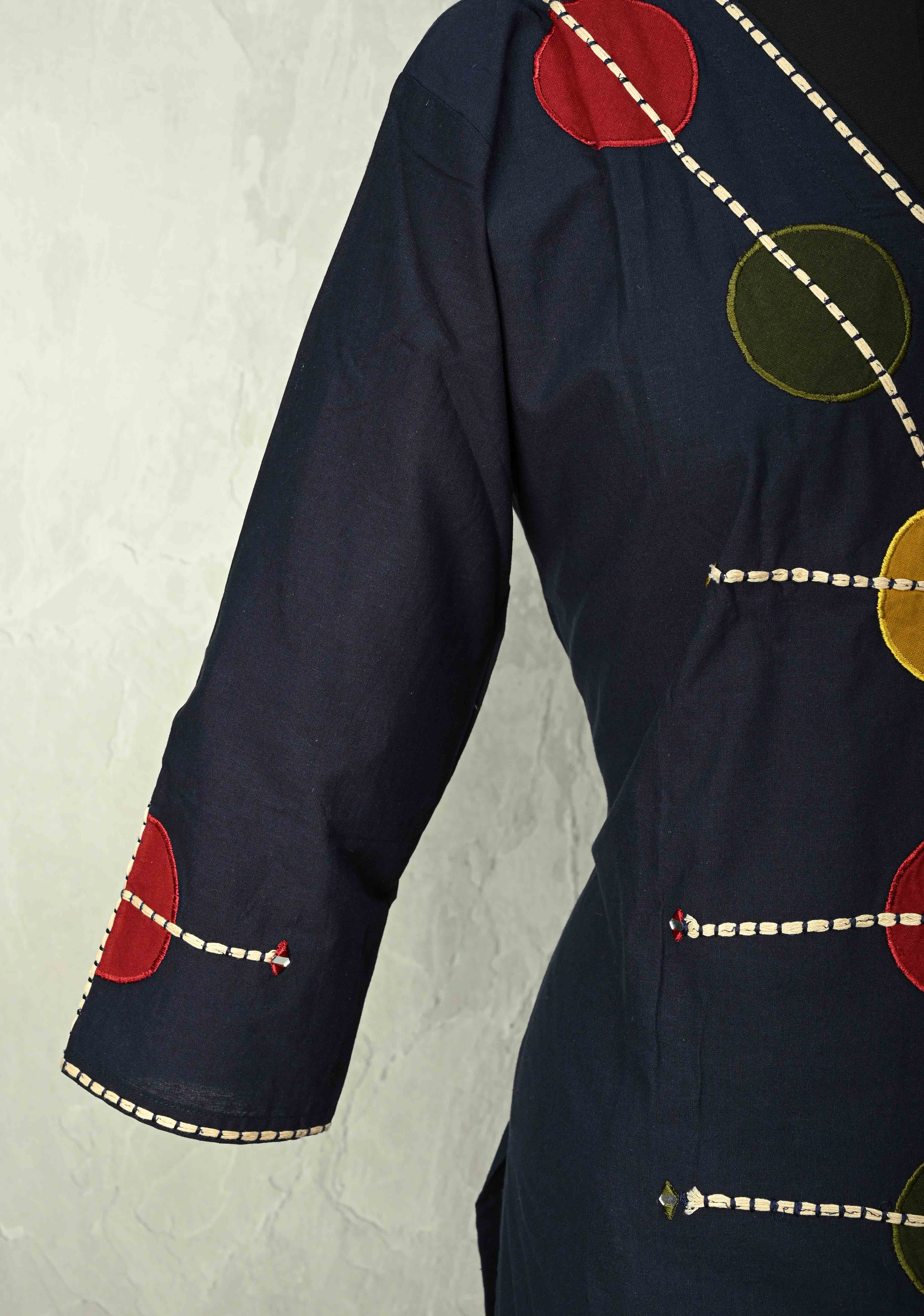 Navy Cotton Designer Patch Kurti Set – Hand Embroidered Details | Made to Order | SHOBITAM