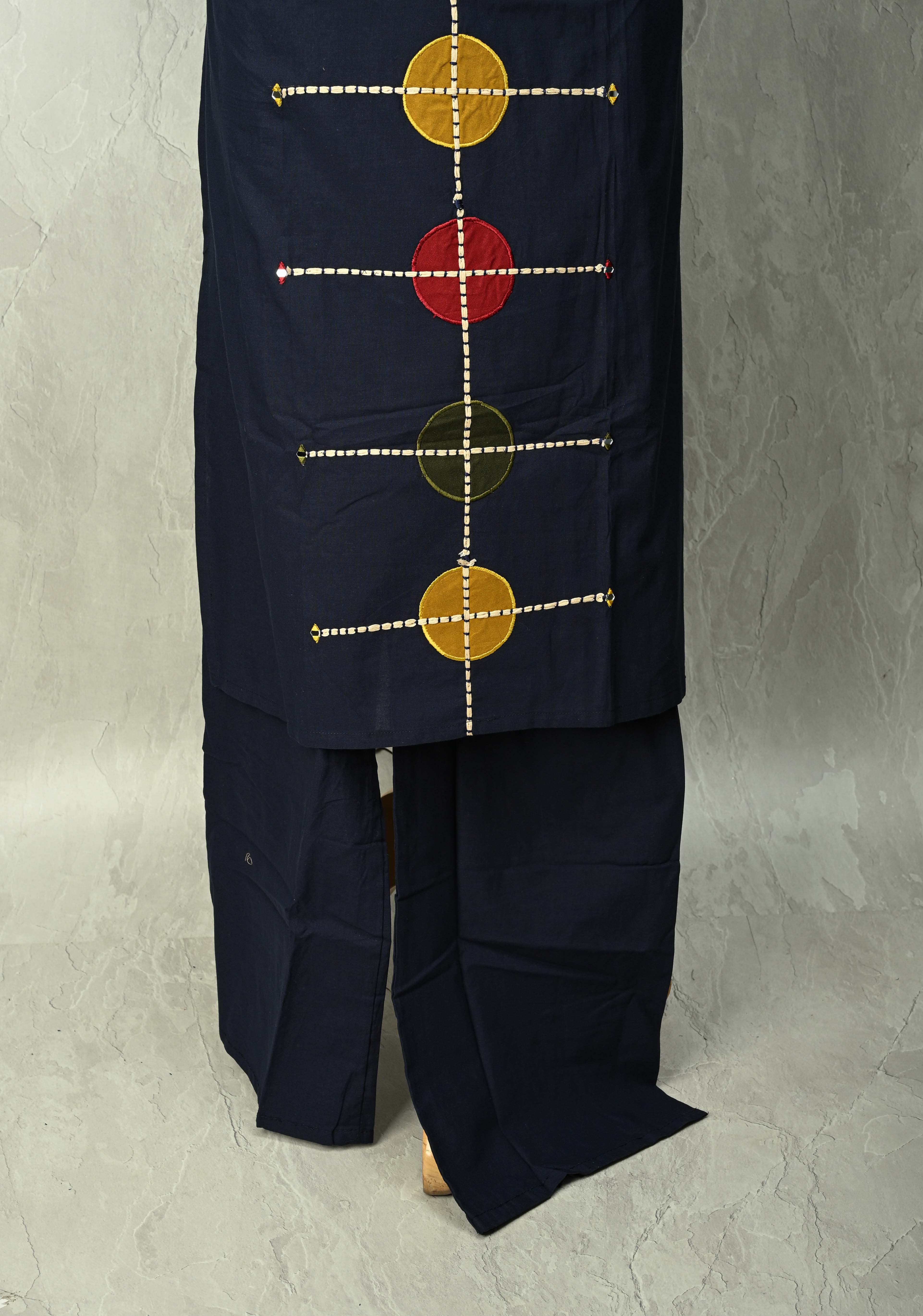 Navy Cotton Designer Patch Kurti Set – Hand Embroidered Details | Made to Order | SHOBITAM
