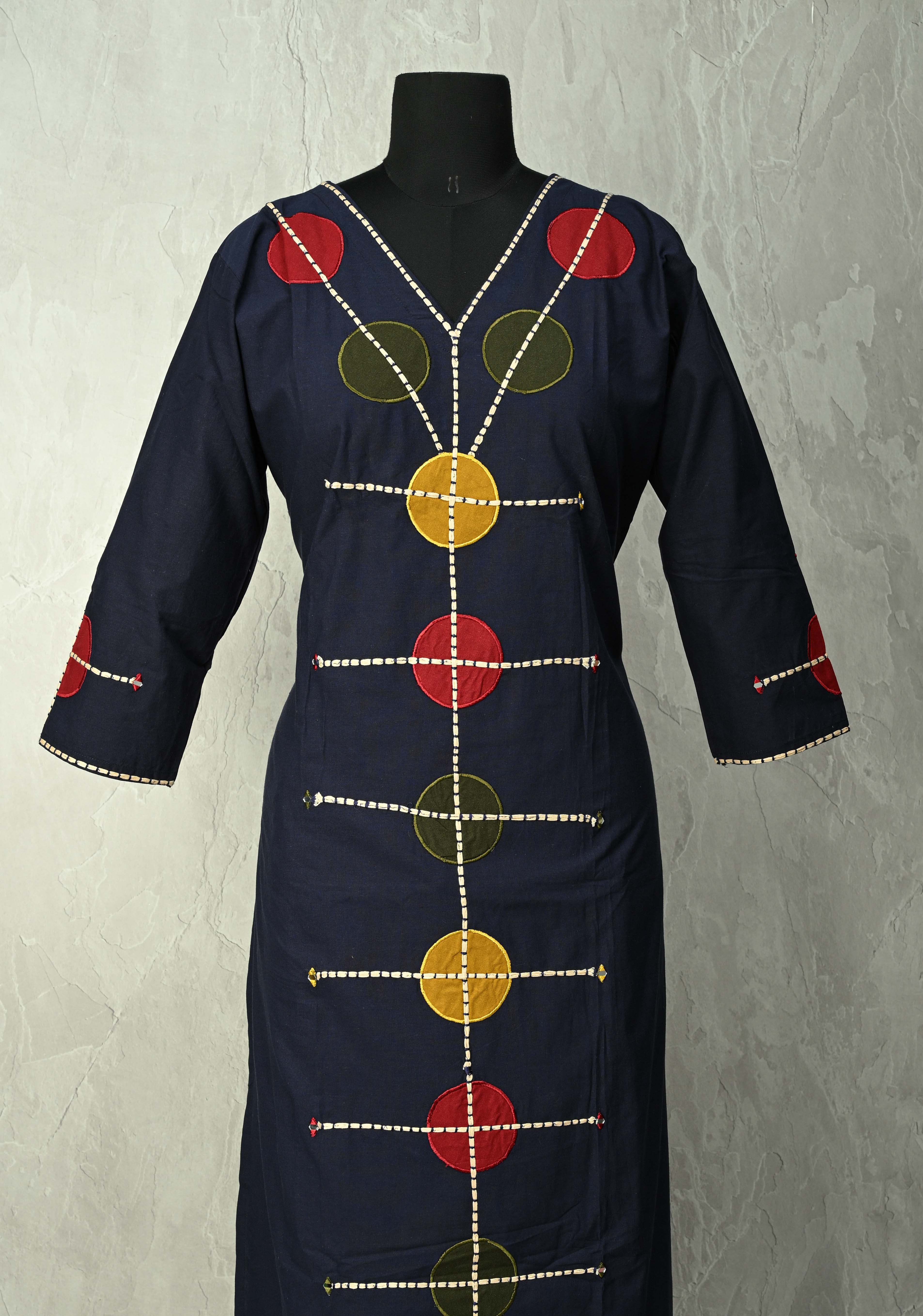 Navy Cotton Designer Patch Kurti Set – Hand Embroidered Details | Made to Order | SHOBITAM