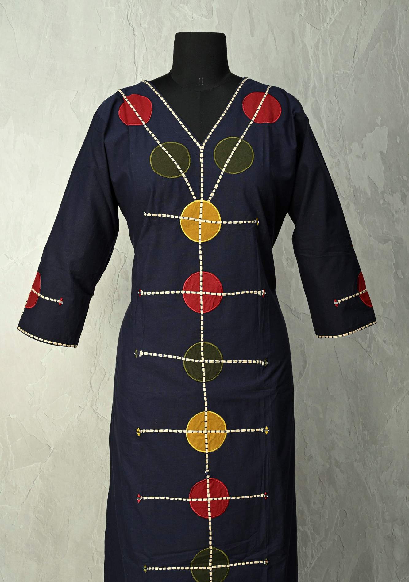 Navy Cotton Designer Patch Kurti Set – Hand Embroidered Details | Made to Order