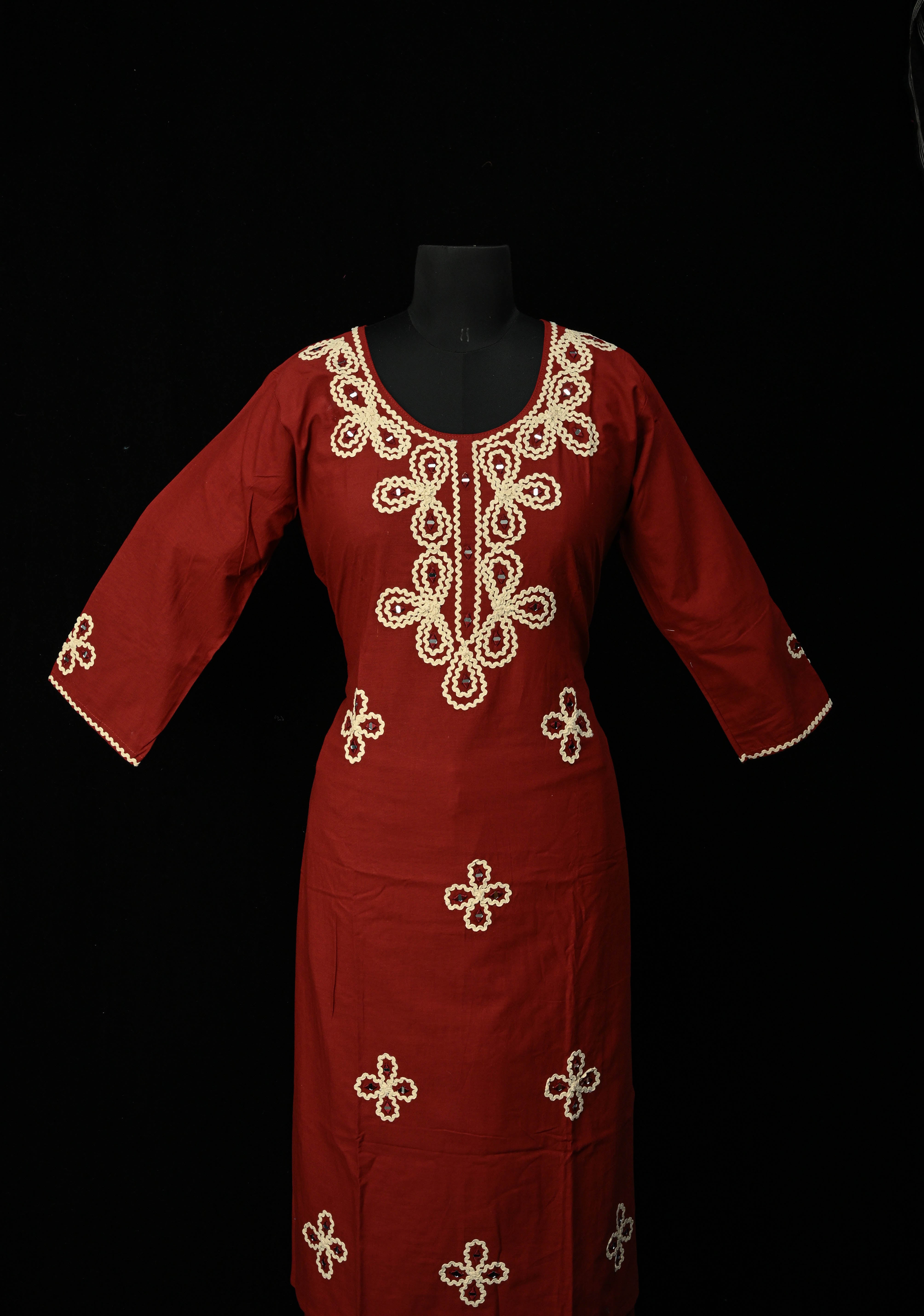 Maroon Cotton Applique Neck Kurti Set | Made to Order | SHOBITAM