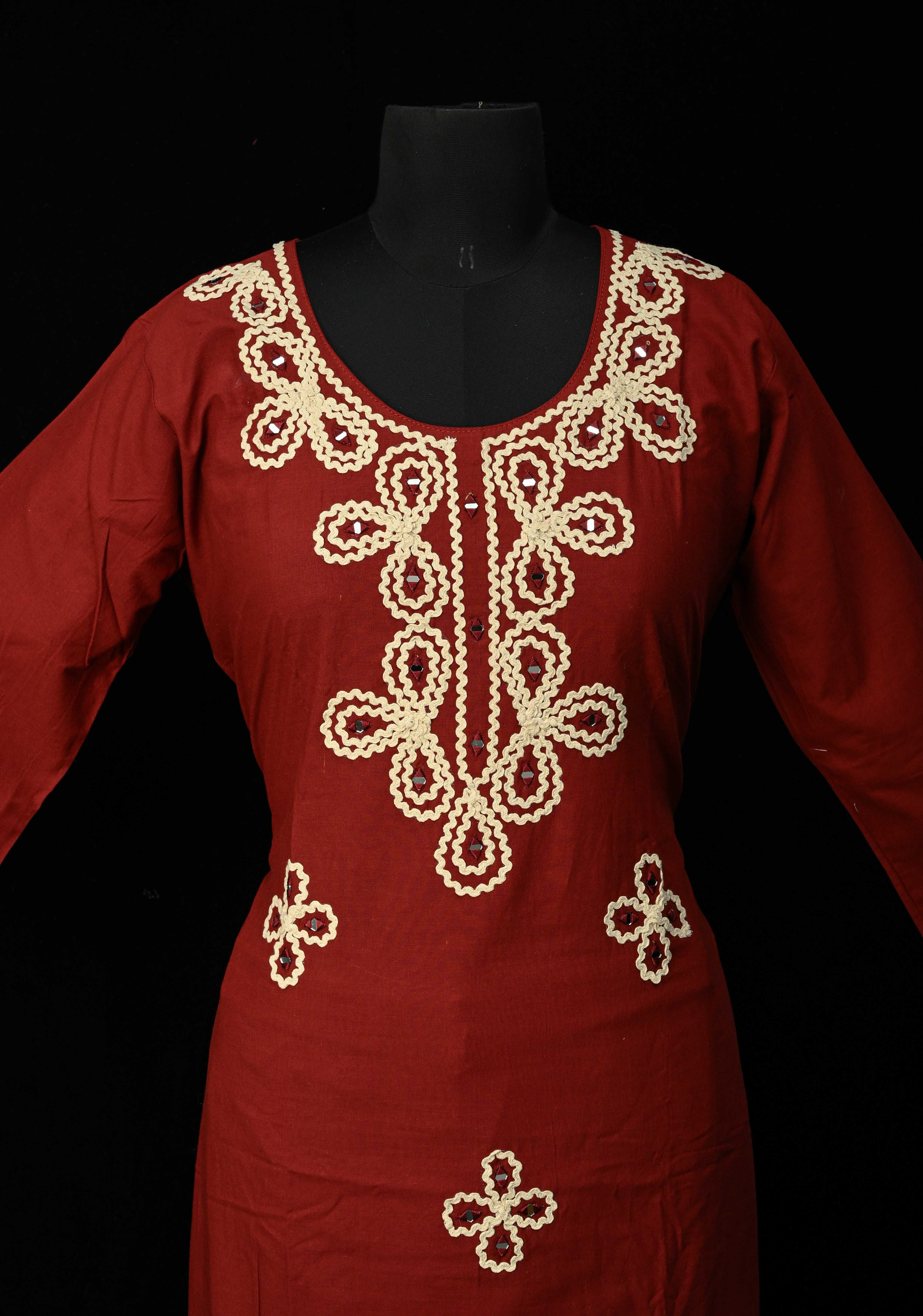 Maroon Cotton Applique Neck Kurti Set | Made to Order | SHOBITAM