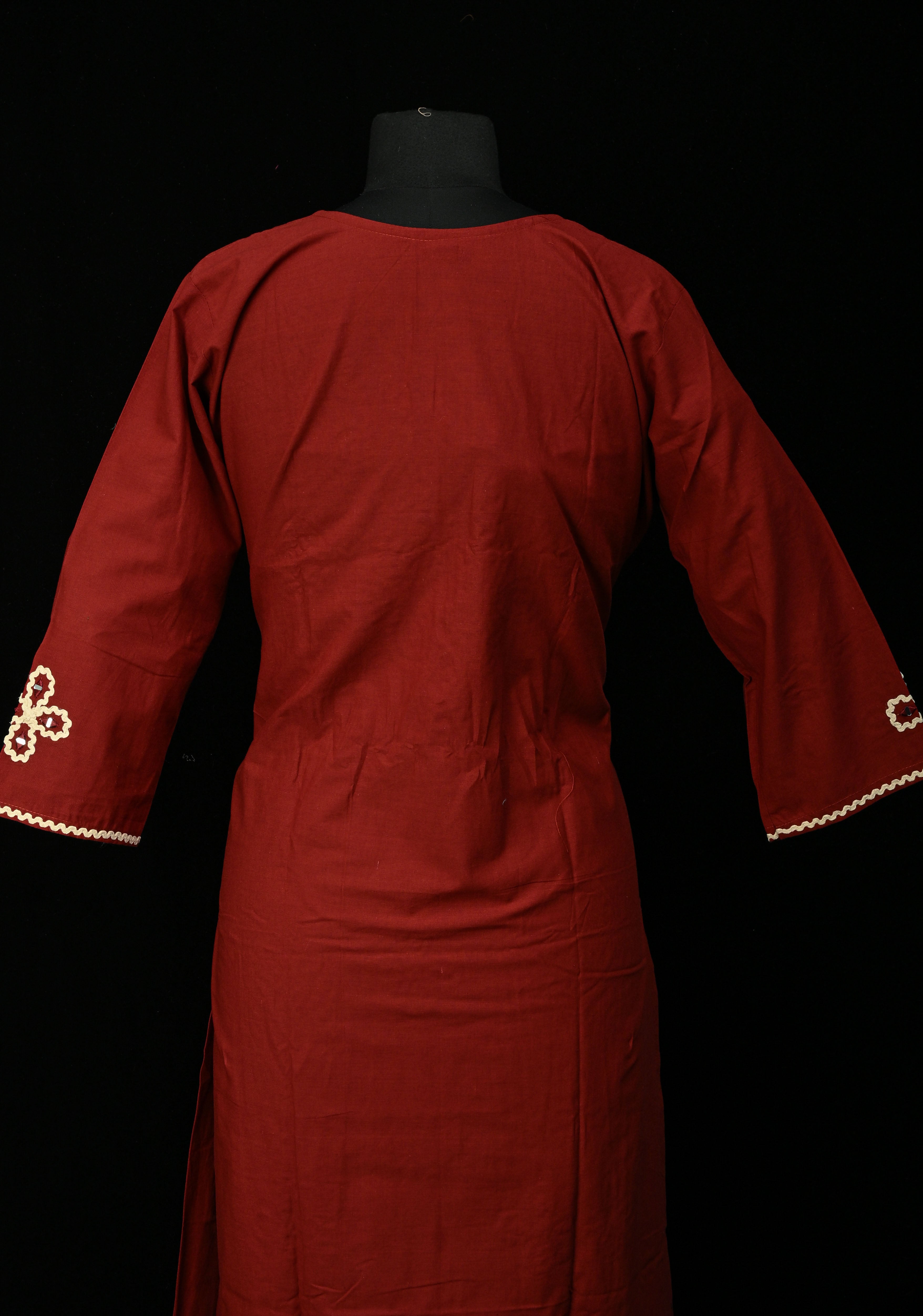Maroon Cotton Applique Neck Kurti Set | Made to Order | SHOBITAM