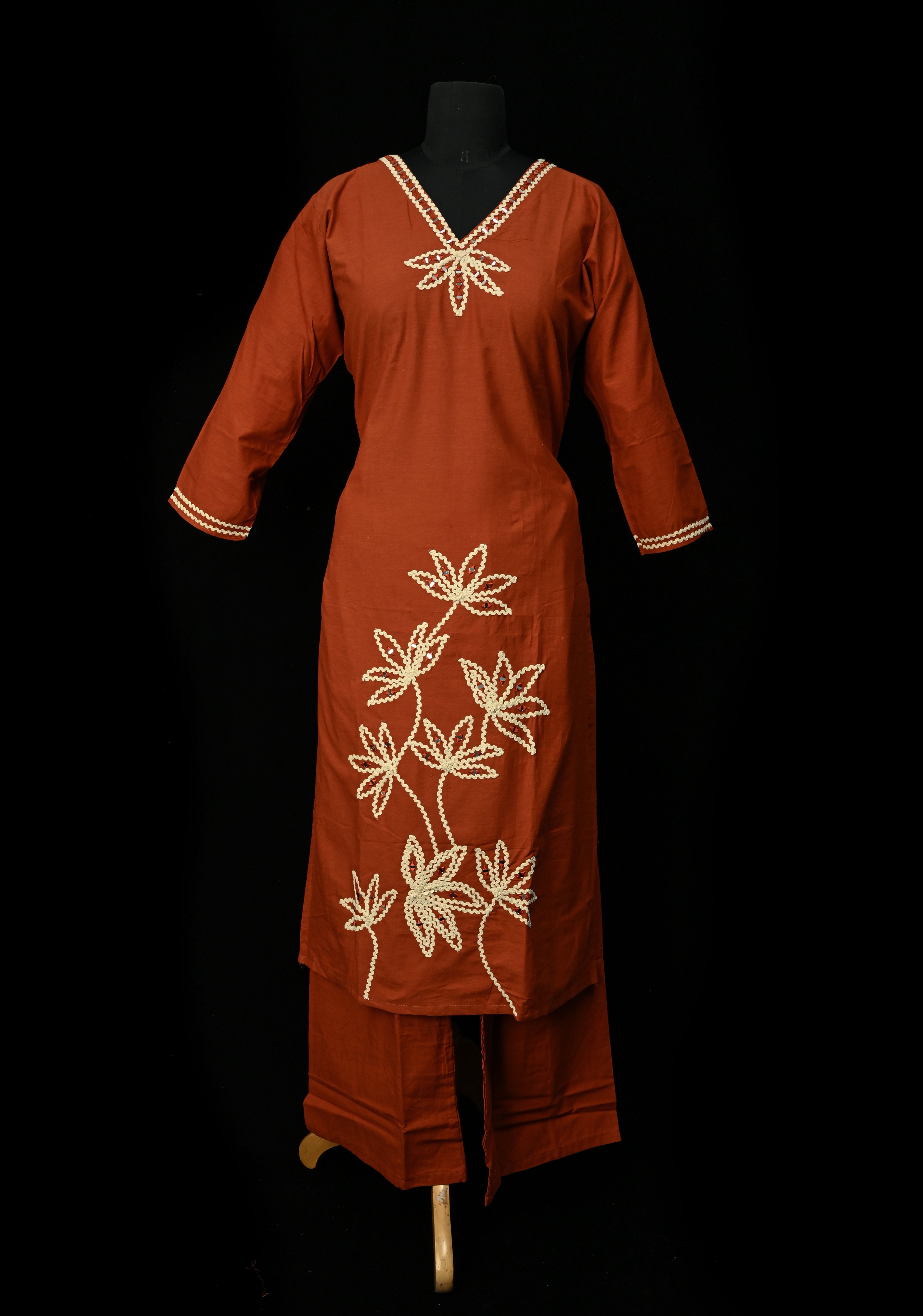 Rust Cotton Applique Daman Kurti 2 piece Set | Made to Order | SHOBITAM