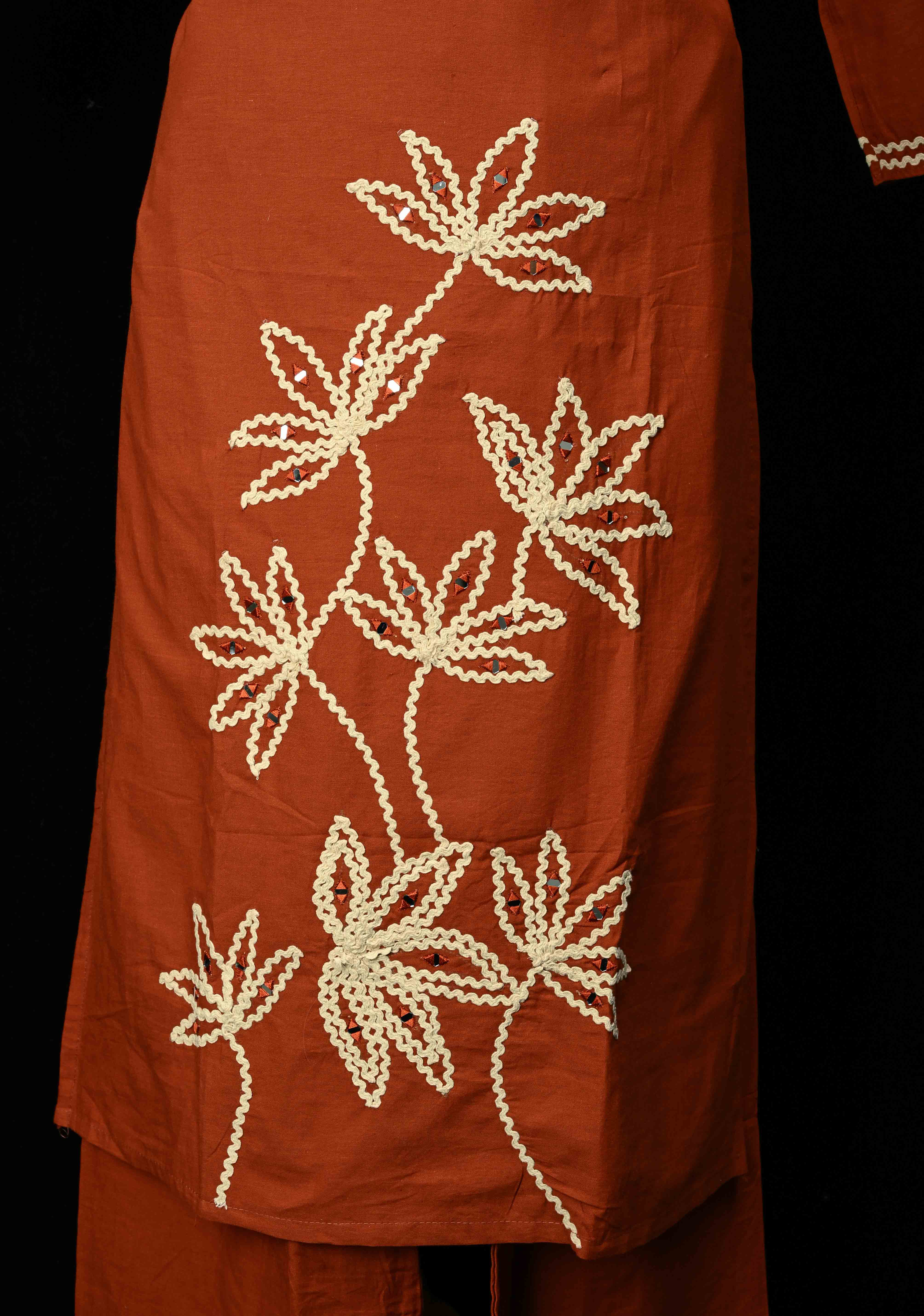 Rust Cotton Applique Daman Kurti 2 piece Set | Made to Order | SHOBITAM