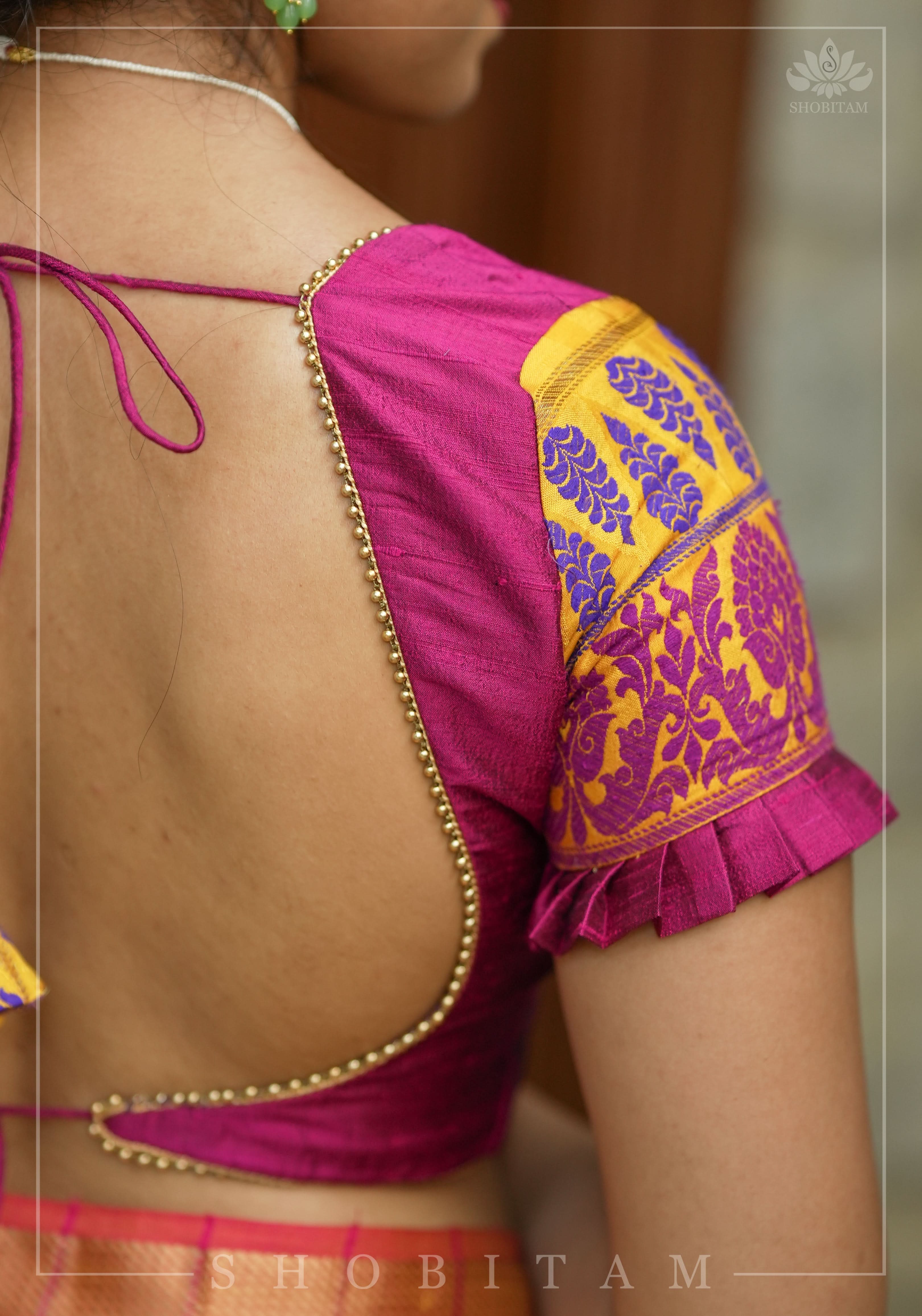 Magenta Pure rawsilk with yellow brocade U neck Blouse with back tie design, Made to Order | Shobitam