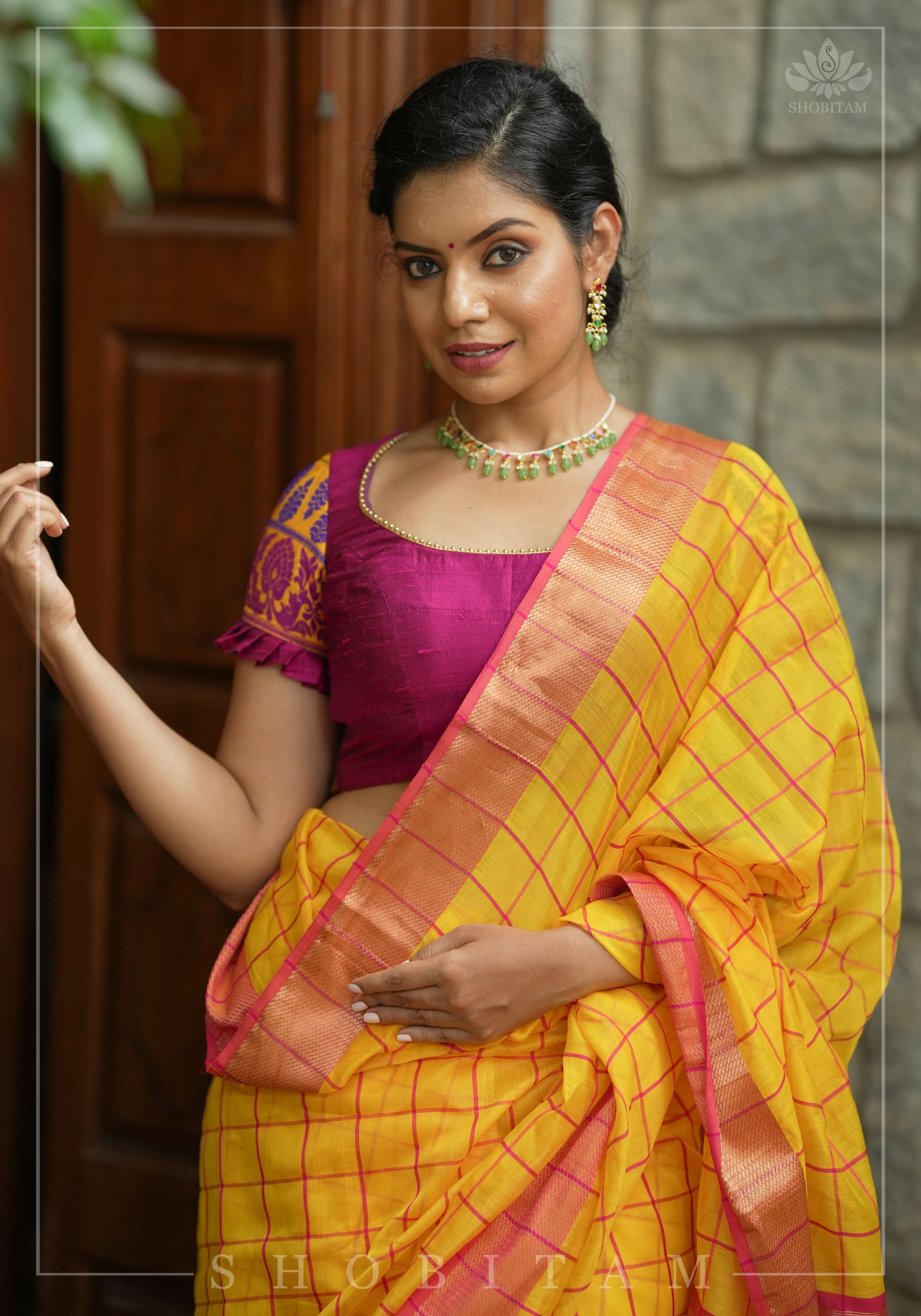 Magenta Pure rawsilk with yellow brocade U neck Blouse with back tie design, Made to Order | Shobitam