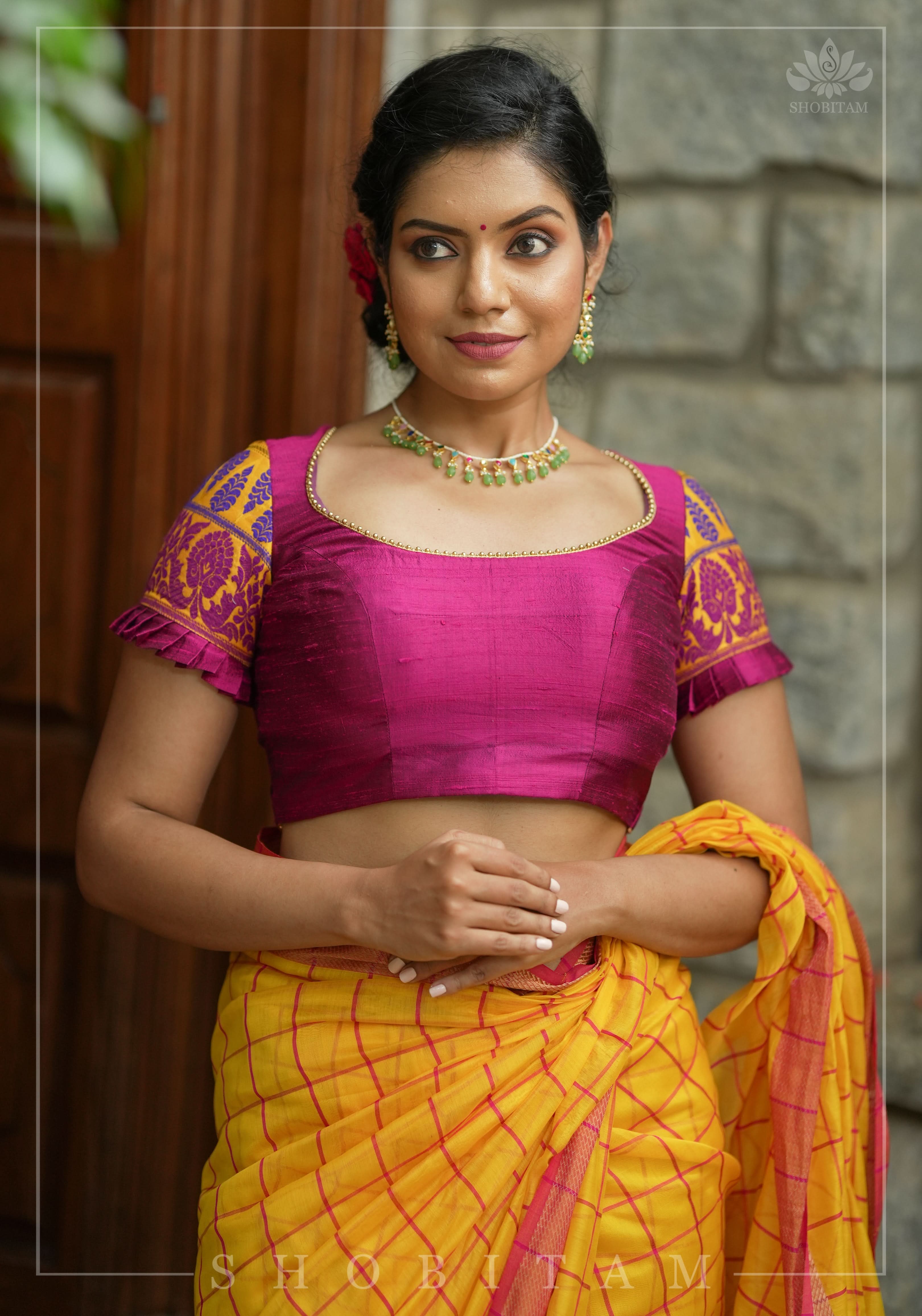Magenta Pure rawsilk with yellow brocade U neck Blouse with back tie design, Made to Order | Shobitam