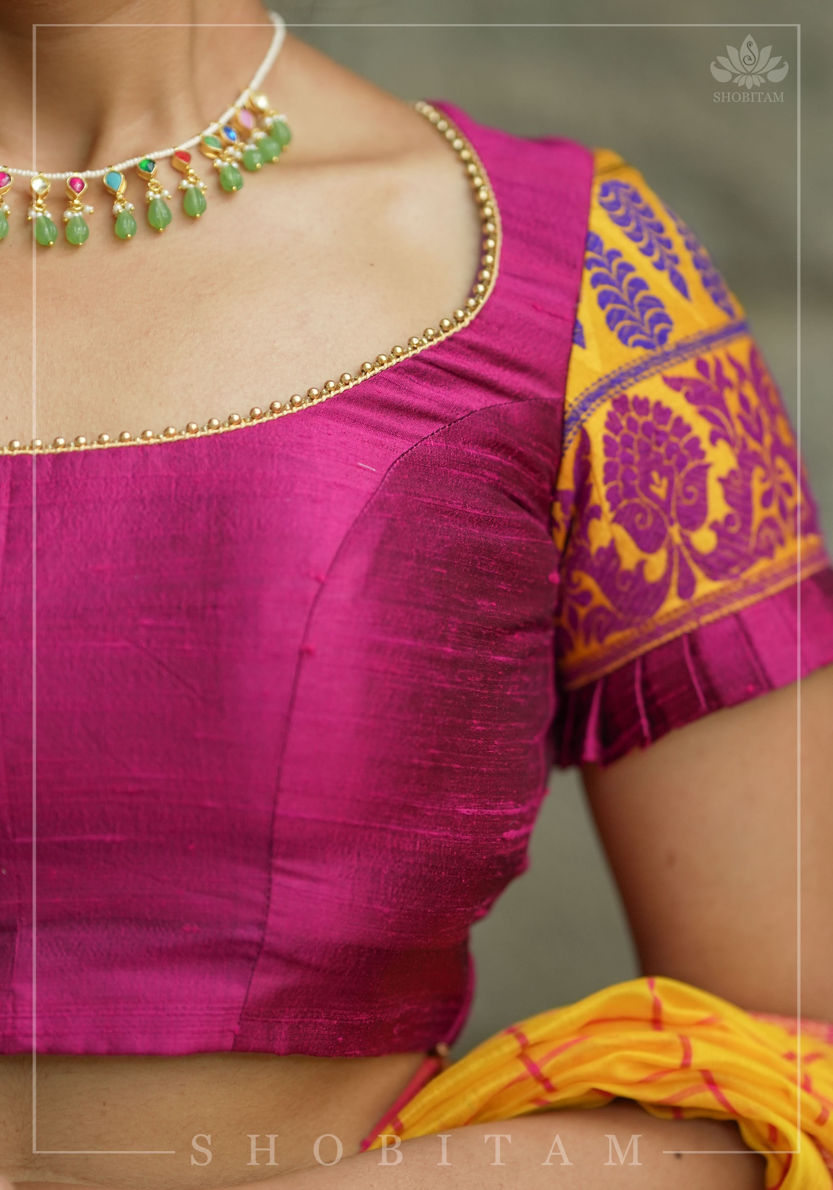 Magenta Pure rawsilk with yellow brocade U neck Blouse with back tie design, Made to Order | Shobitam