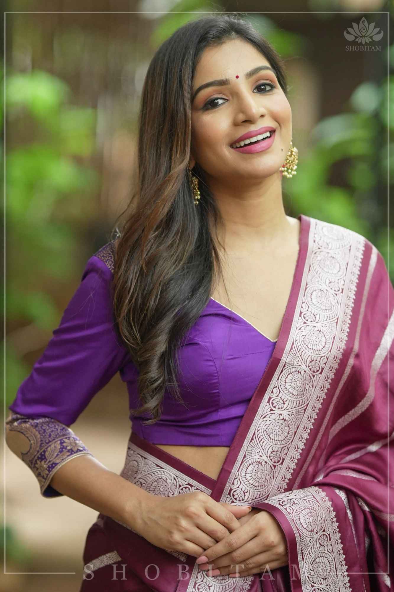 Purple silk & brocade V neck blouse with 3/4th sleeves, Made to Order