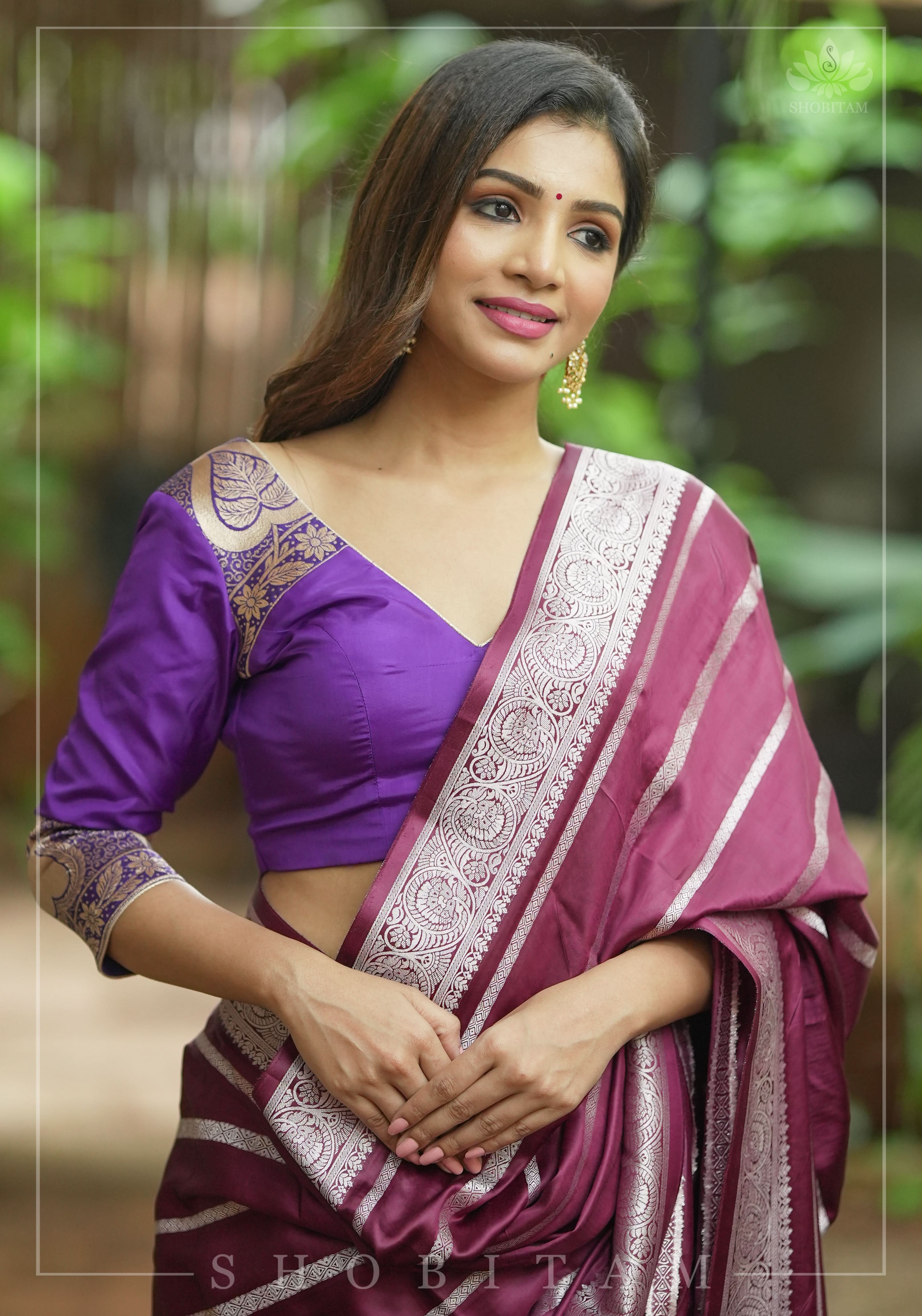 Purple silk & brocade V neck blouse with 3/4th sleeves, Made to Order | Shobitam